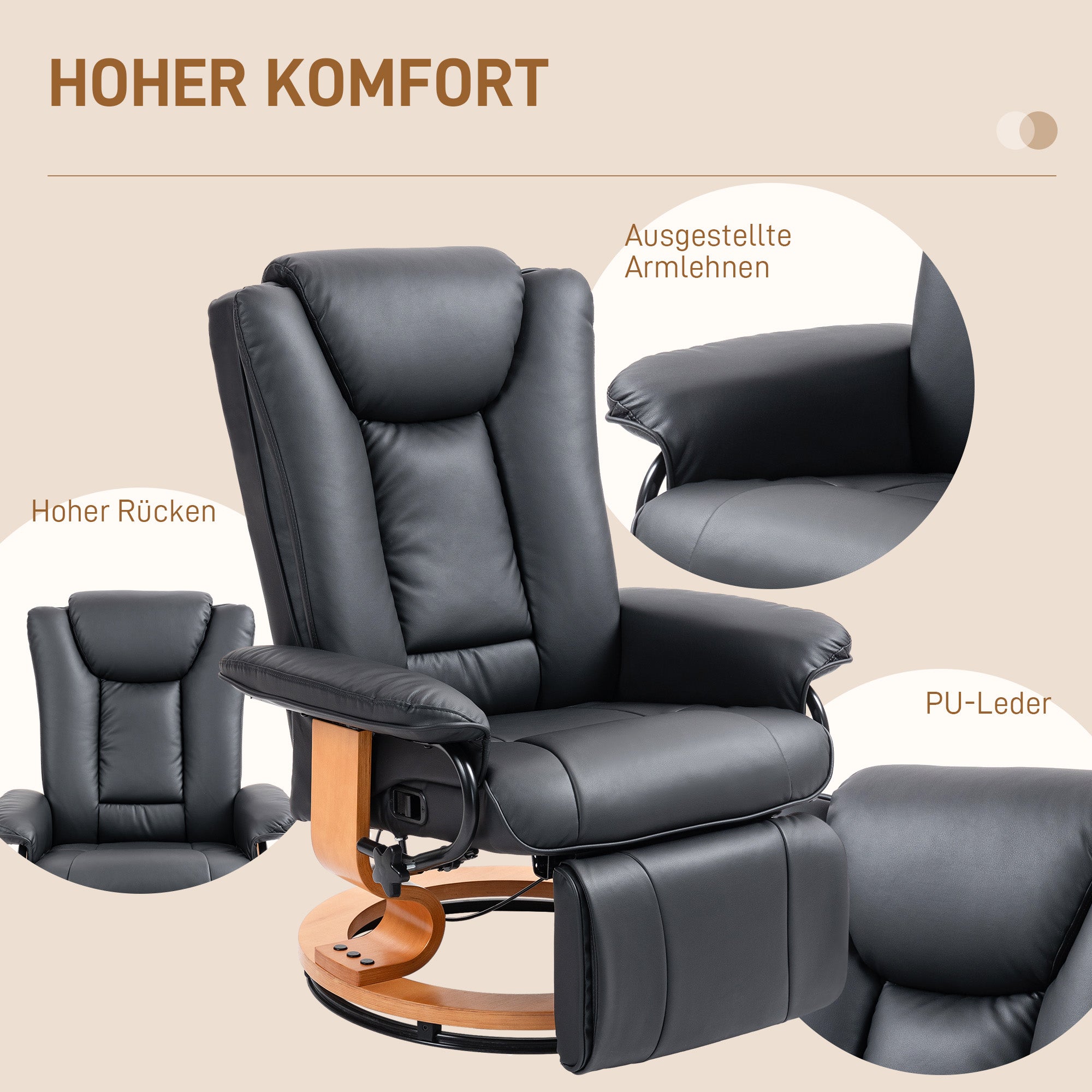 Reclining Armchair TV Chair with Reclining Function, Swivel Lounge Chair TV Armchair with Adjustable Backrest Recliner Chair up to 150 kg Load, Faux Leather, Black