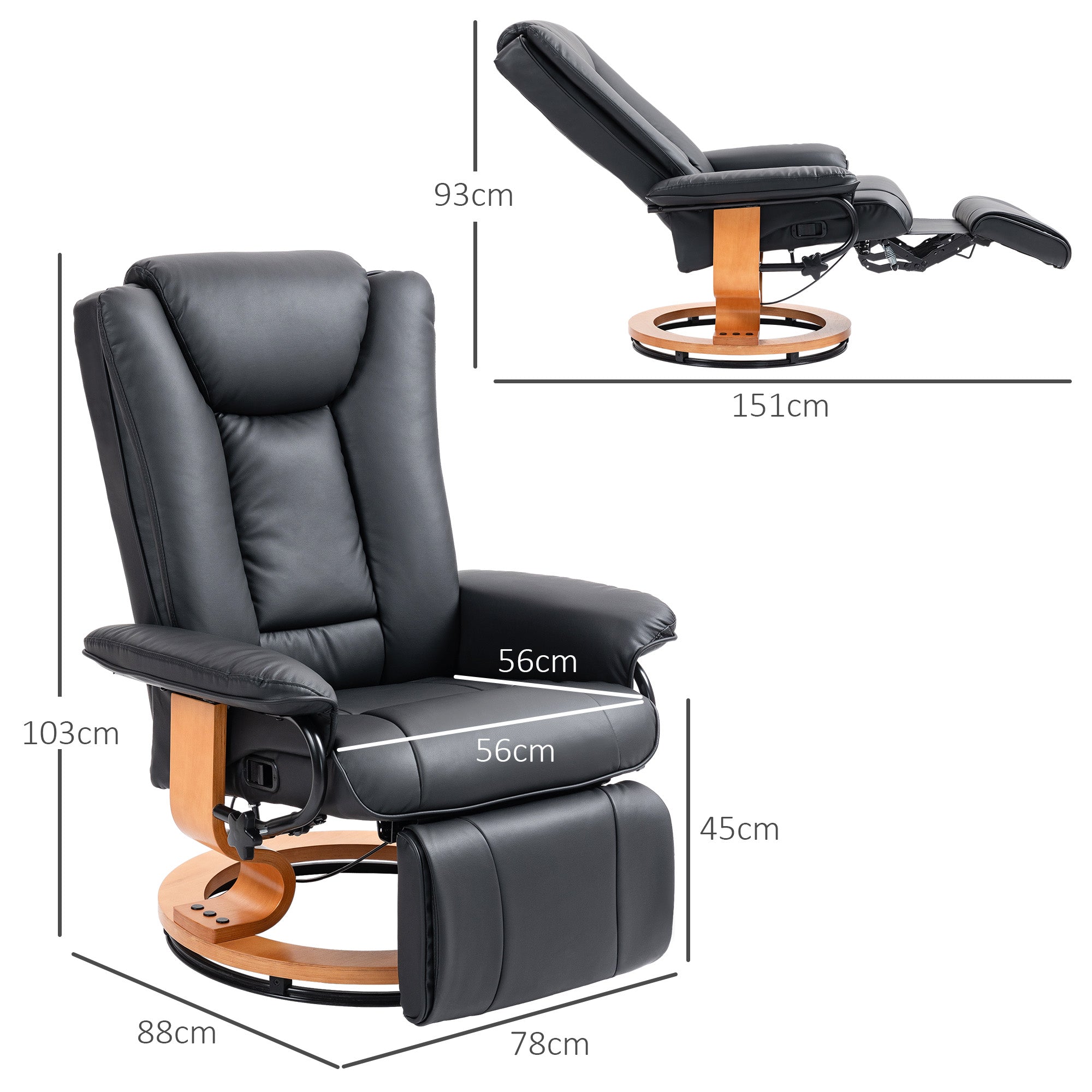 Reclining Armchair TV Chair with Reclining Function, Swivel Lounge Chair TV Armchair with Adjustable Backrest Recliner Chair up to 150 kg Load, Faux Leather, Black