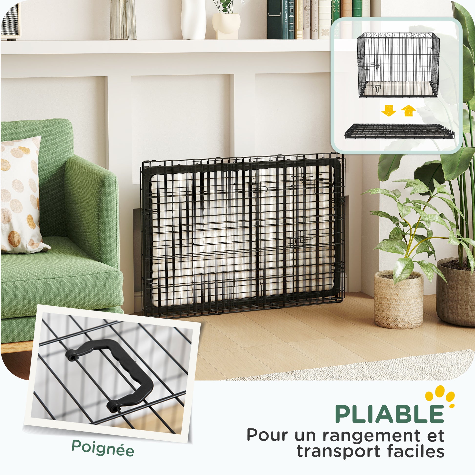 Dog Crate, Foldable Dog Transport Cage with 2 Doors, Removable Tray, Washable Soft Cushion, Steel Frame, 91 x 62 x 68 cm, Black