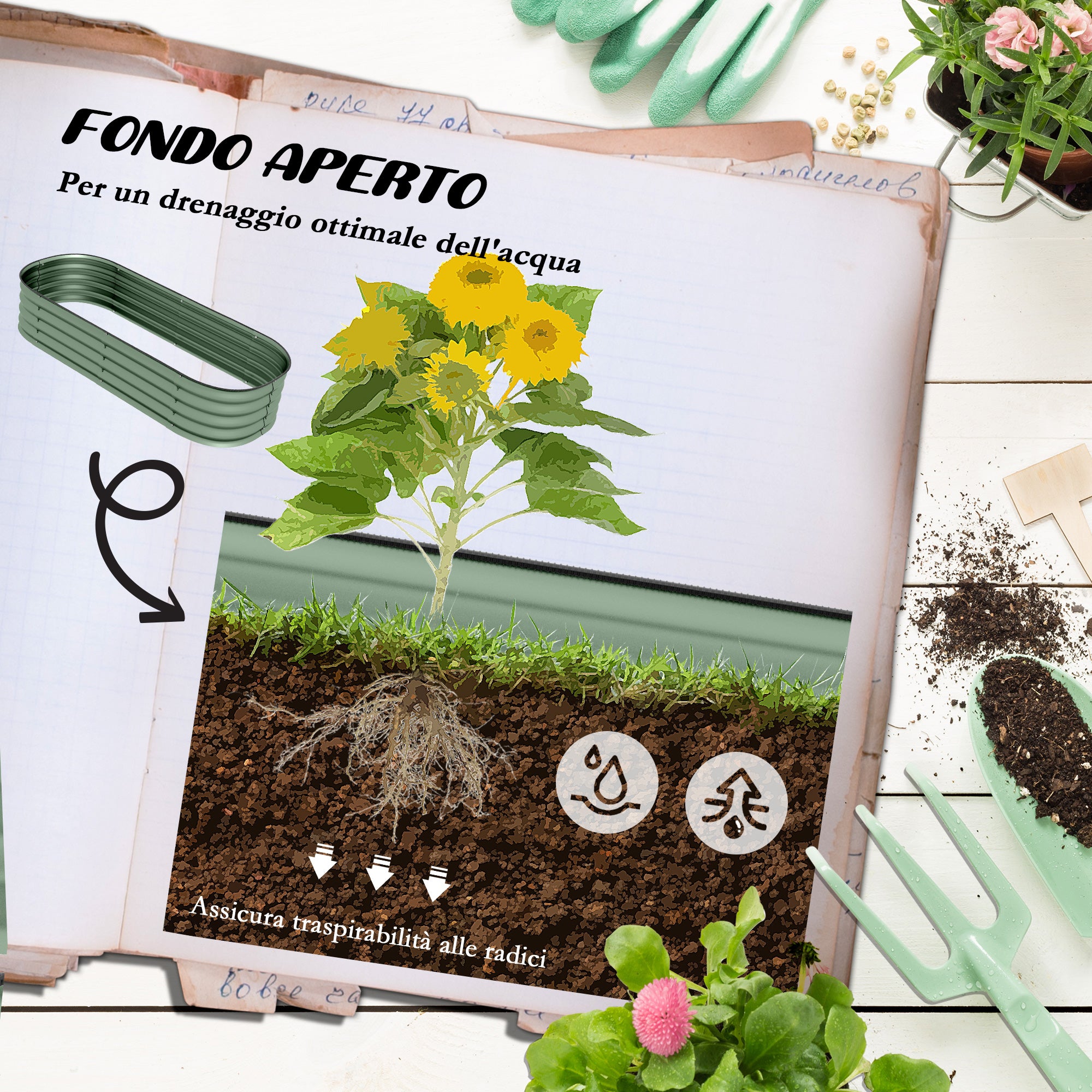 Modular Raised Garden Bed 150x62x30cm, Galvanized Steel Planter Box with Open Bottom, Green