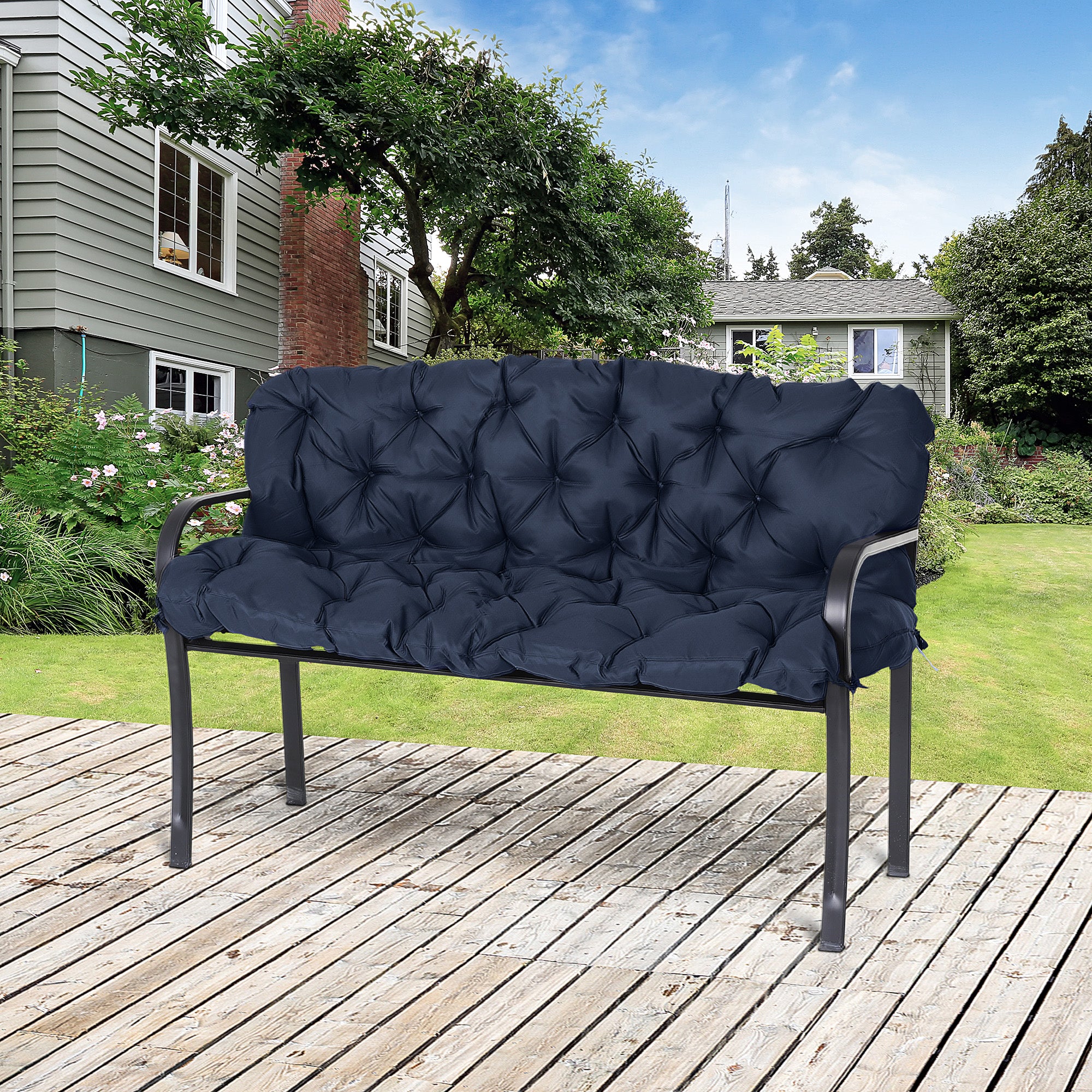 3 Seater Bench Cushion 150 x 98 x 8 cm Seat Pad with Straps Back Cushion for Indoor/Outdoor Upholstery Cushion for Bench Garden Bench Garden Furniture Hanging Chairs Dark Blue