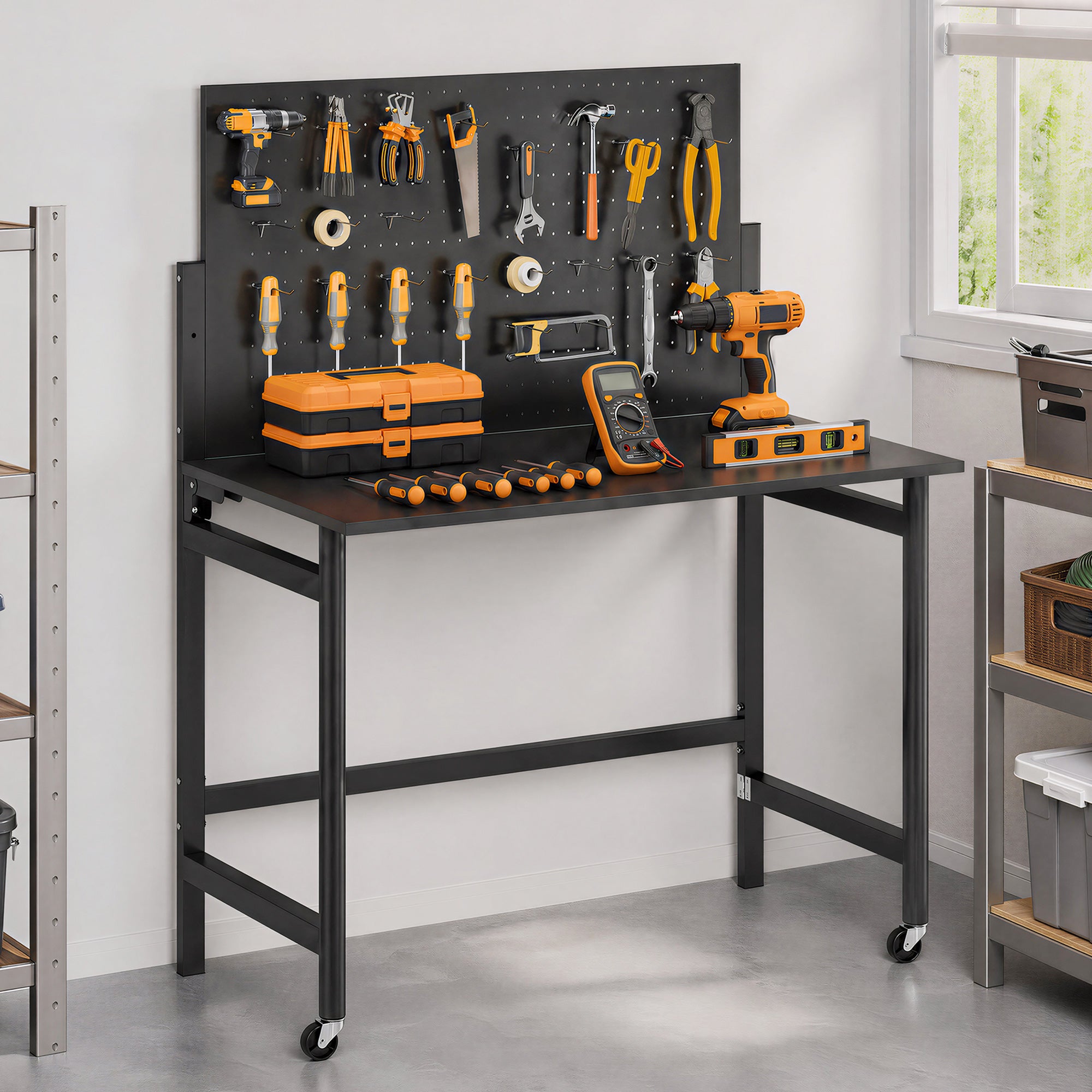 Folding Workshop Workbench on Casters, 45.3 x 24.4 x 56.5 in, Worktop with Pegboard & 12 Hooks, Thick MDF Top, Steel Frame, 265 lb Capacity, Black