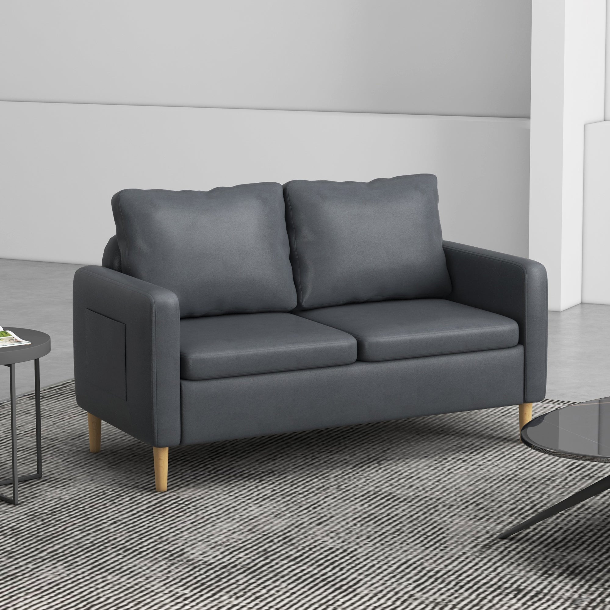2-Seater Sofa Modern Upholstered in Polyester with 2 Side Pockets Armrests and Wooden Legs for Bedroom Office Load 200 kg 143x76x83 cm Gray
