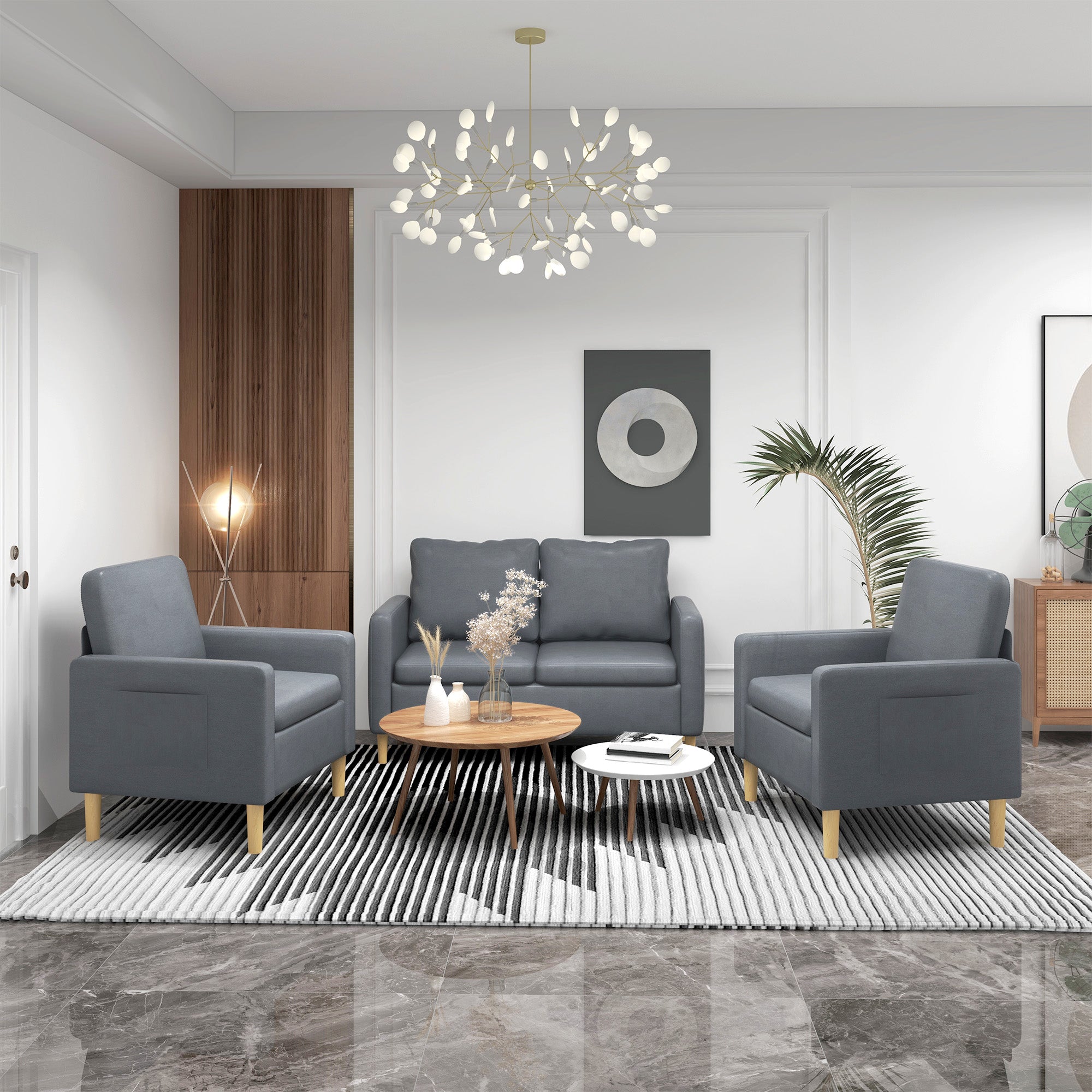 2-Seater Sofa Modern Upholstered in Polyester with 2 Side Pockets Armrests and Wooden Legs for Bedroom Office Load 200 kg 143x76x83 cm Gray