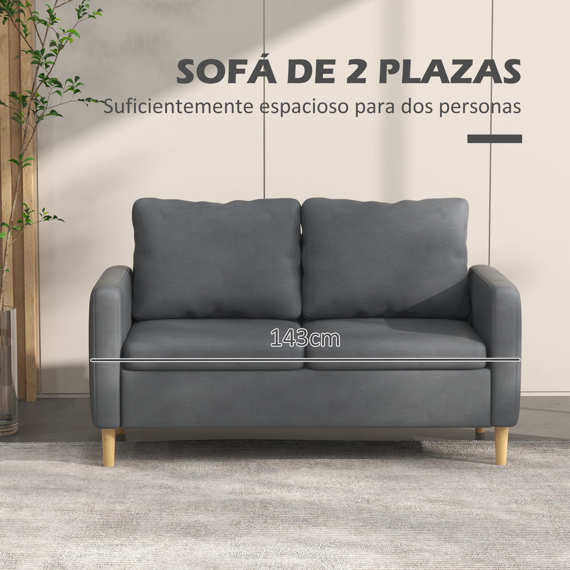2-Seater Sofa Modern Upholstered in Polyester with 2 Side Pockets Armrests and Wooden Legs for Bedroom Office Load 200 kg 143x76x83 cm Gray