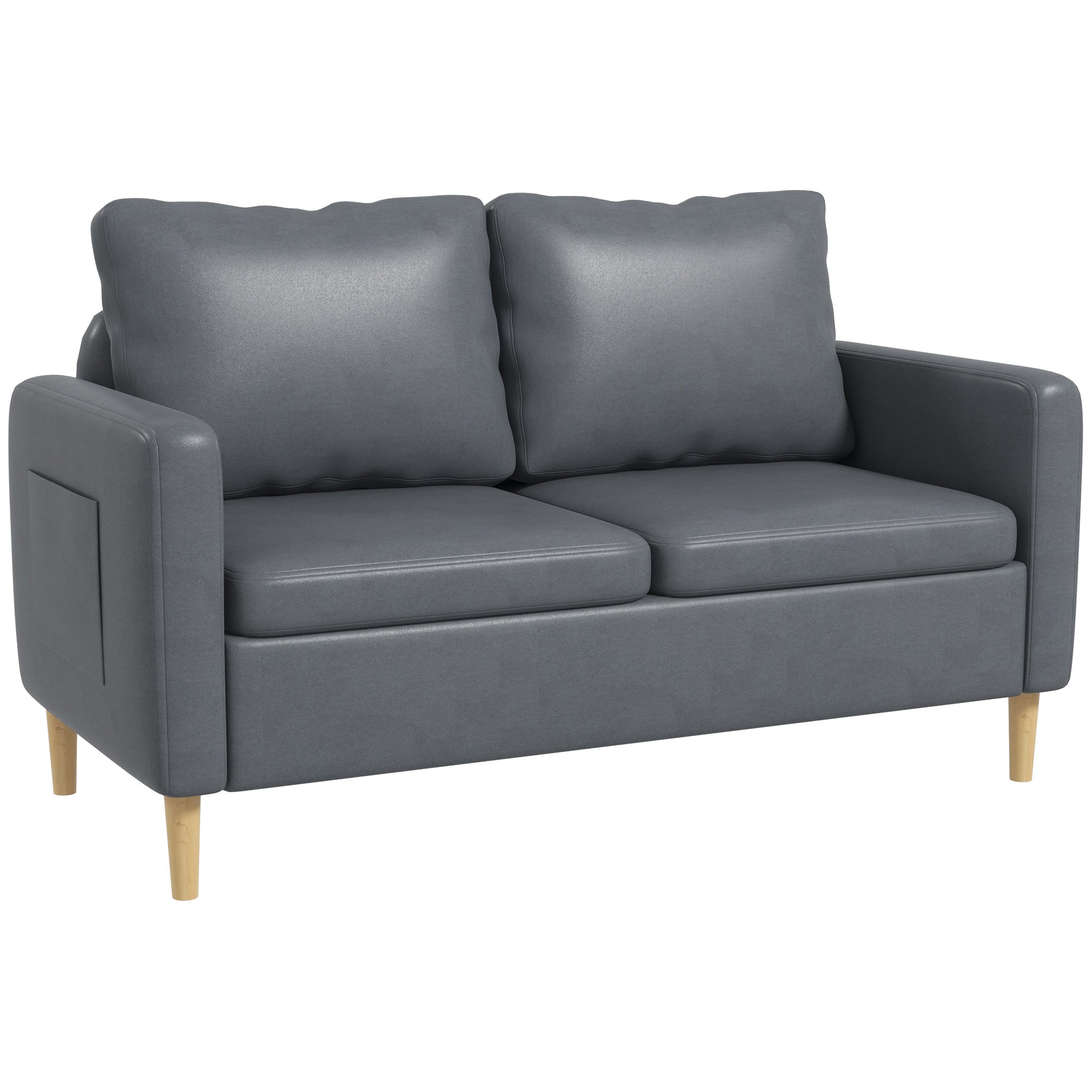2-Seater Sofa Modern Upholstered in Polyester with 2 Side Pockets Armrests and Wooden Legs for Bedroom Office Load 200 kg 143x76x83 cm Gray