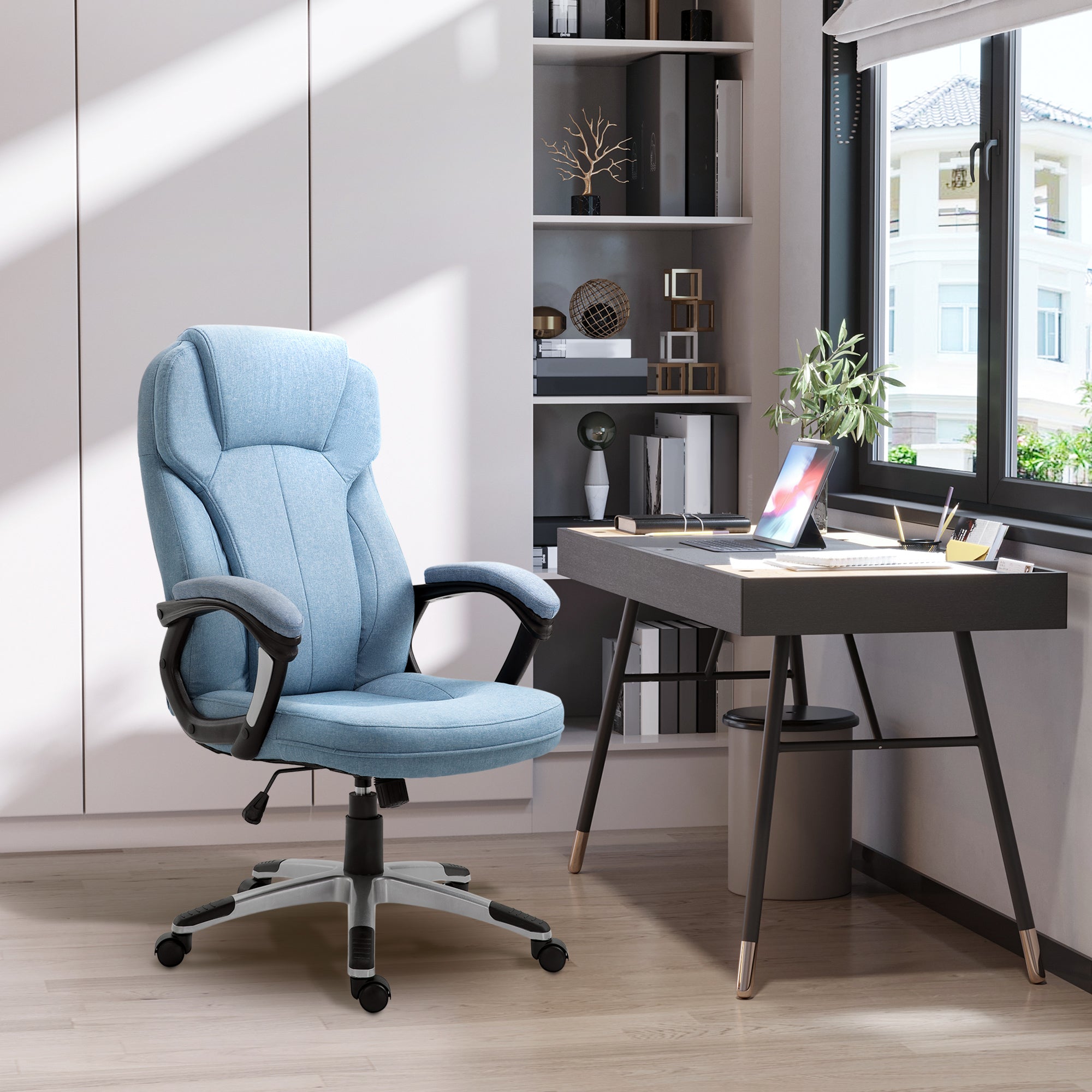 Office Chair Computer Chair Swivel Chair Height-Adjustable Rocking Function with Headrest and Padded Armrests Ergonomic Light Blue Linen 26 x 29.5 x 43.3–47.2 inches