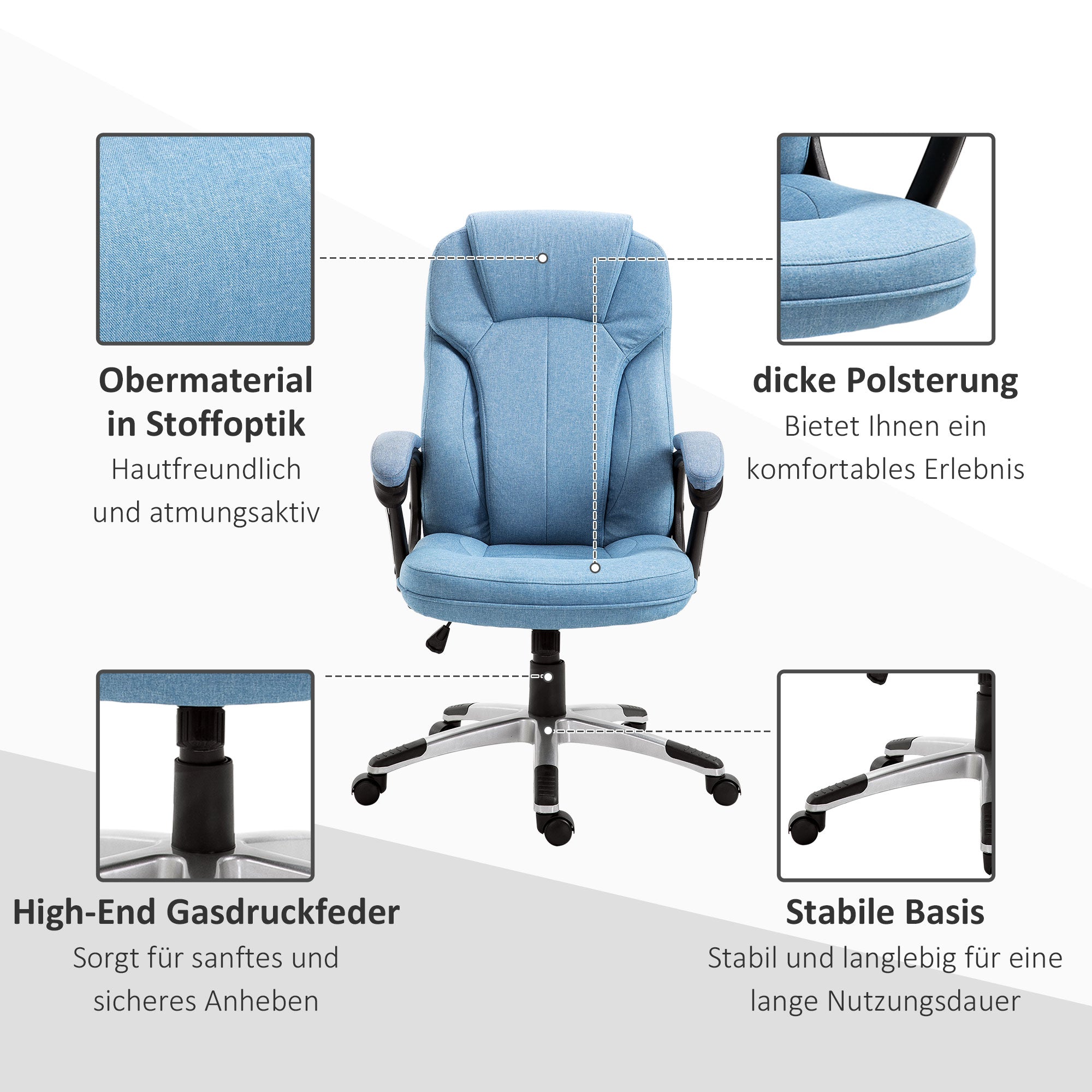 Office Chair Computer Chair Swivel Chair Height-Adjustable Rocking Function with Headrest and Padded Armrests Ergonomic Light Blue Linen 26 x 29.5 x 43.3–47.2 inches
