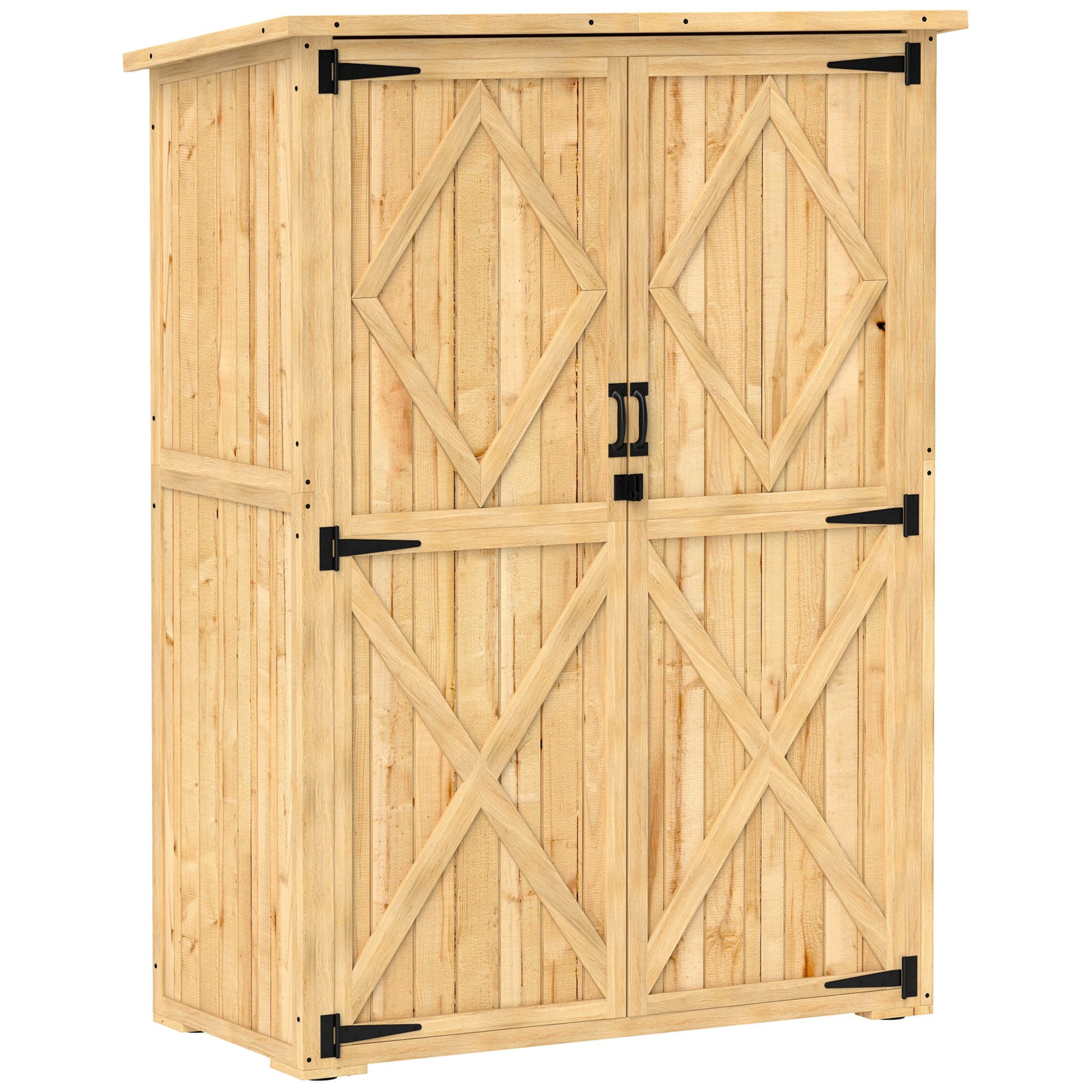 Garden Cabinet Wood, Tool Shed with Lockable Double Door Asphalt Roof Shelf 116.5x57x167cm, Weatherproof Tool Cabinet, Tool Shed for Garden, Terrace, Natural Wood