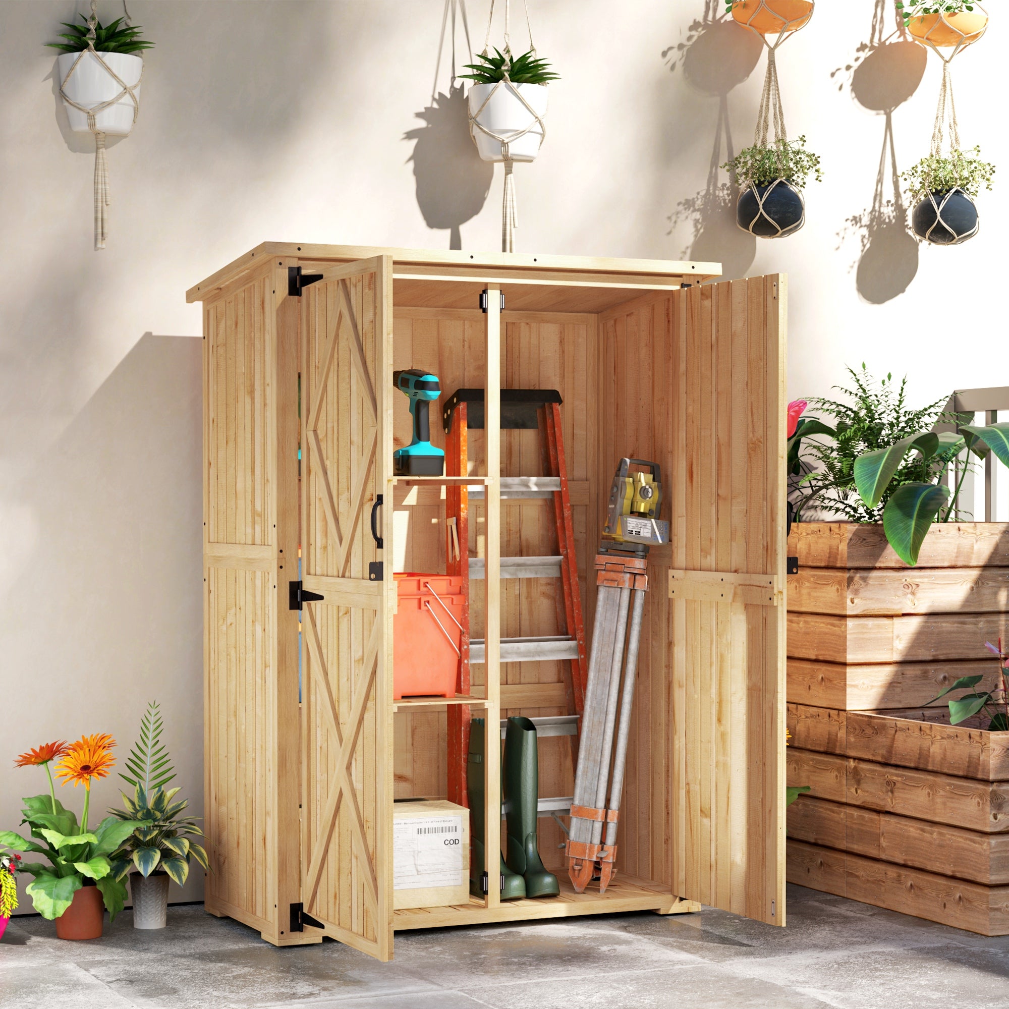 Garden Cabinet Wood, Tool Shed with Lockable Double Door Asphalt Roof Shelf 116.5x57x167cm, Weatherproof Tool Cabinet, Tool Shed for Garden, Terrace, Natural Wood