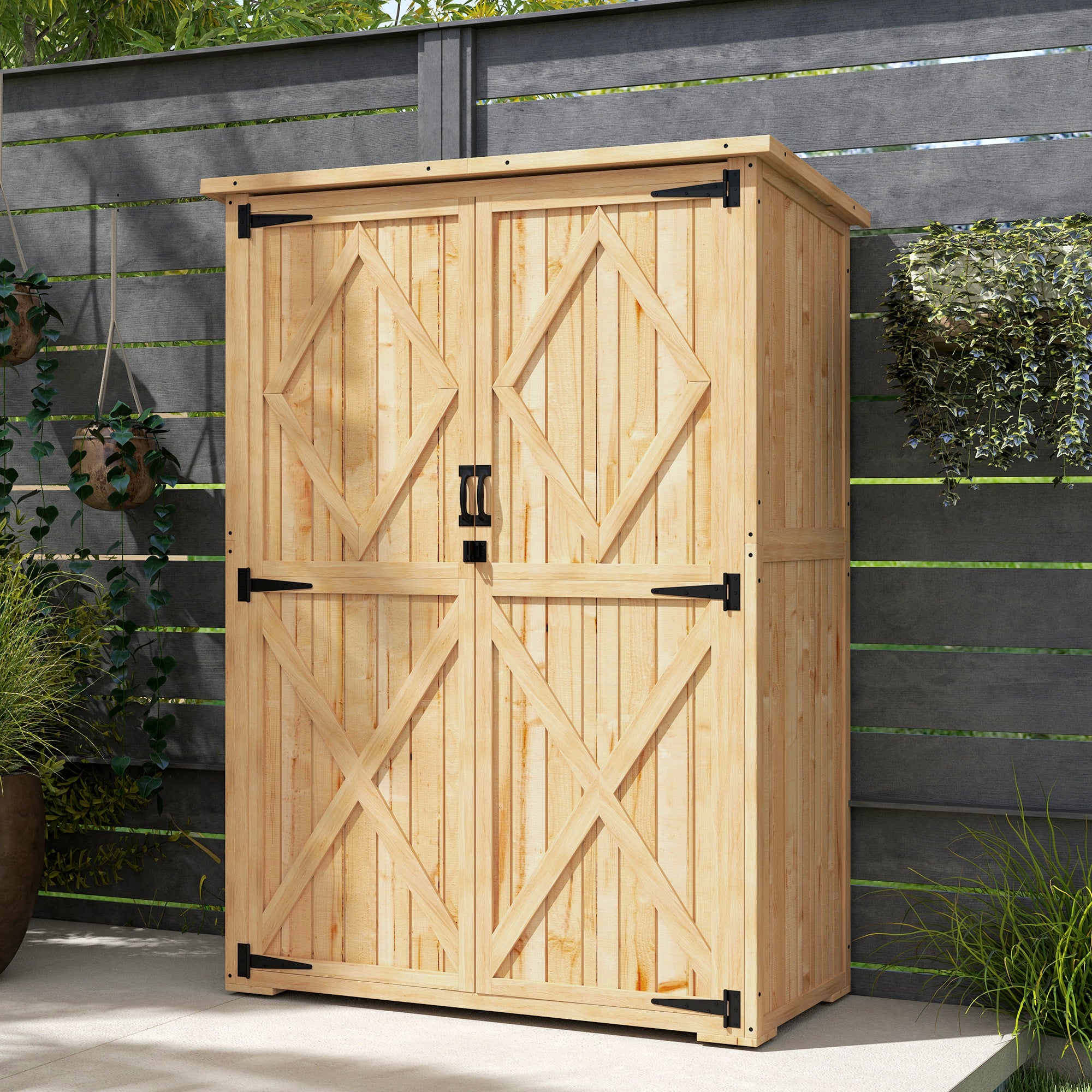 Garden Cabinet Wood, Tool Shed with Lockable Double Door Asphalt Roof Shelf 116.5x57x167cm, Weatherproof Tool Cabinet, Tool Shed for Garden, Terrace, Natural Wood