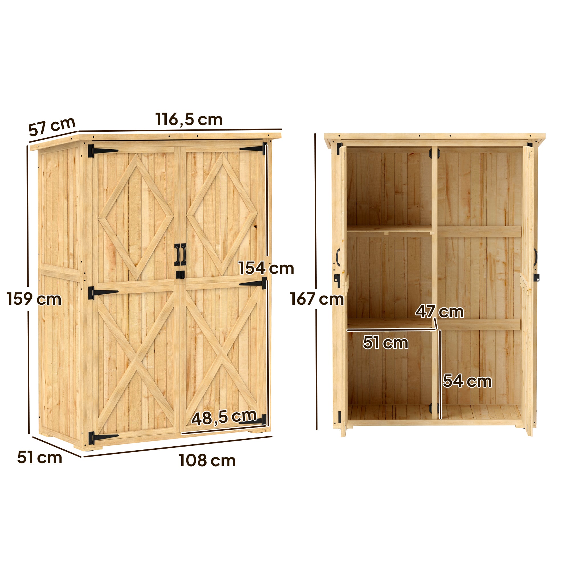 Garden Cabinet Wood, Tool Shed with Lockable Double Door Asphalt Roof Shelf 116.5x57x167cm, Weatherproof Tool Cabinet, Tool Shed for Garden, Terrace, Natural Wood