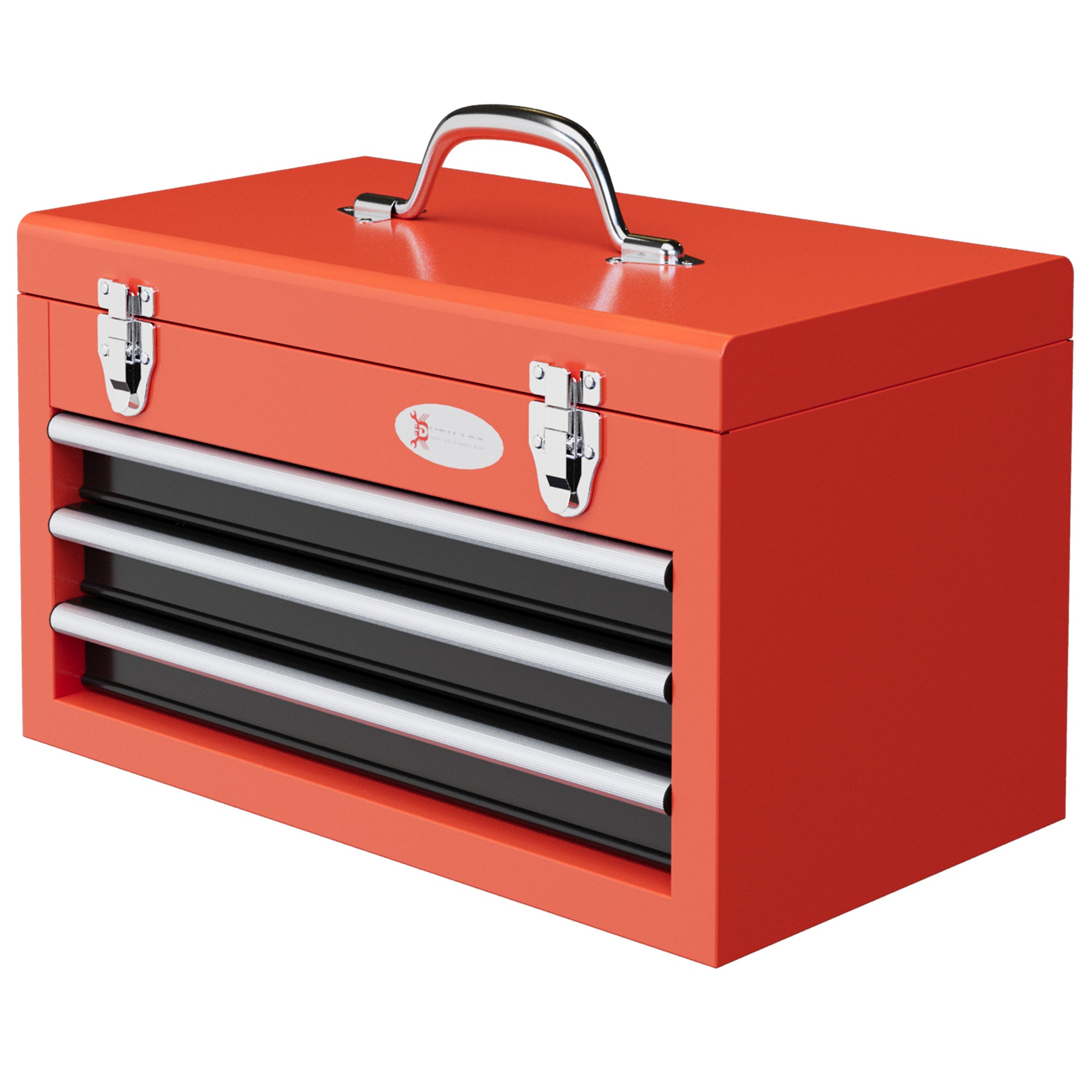 empty tool box, 45 x 24 x 27 cm tool chest with 3 drawers, upper storage compartment, handle, tool box with 2 locks, steel, red