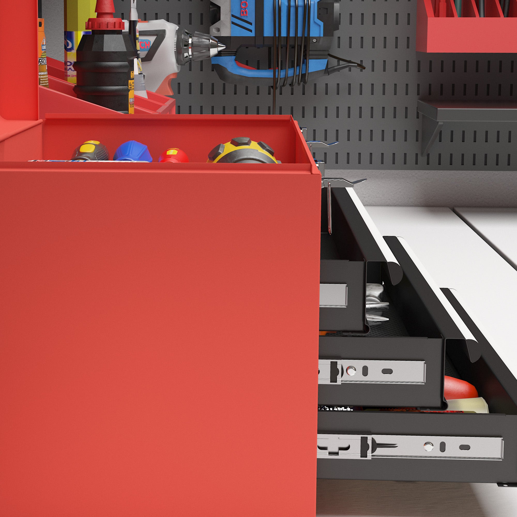 empty tool box, 45 x 24 x 27 cm tool chest with 3 drawers, upper storage compartment, handle, tool box with 2 locks, steel, red