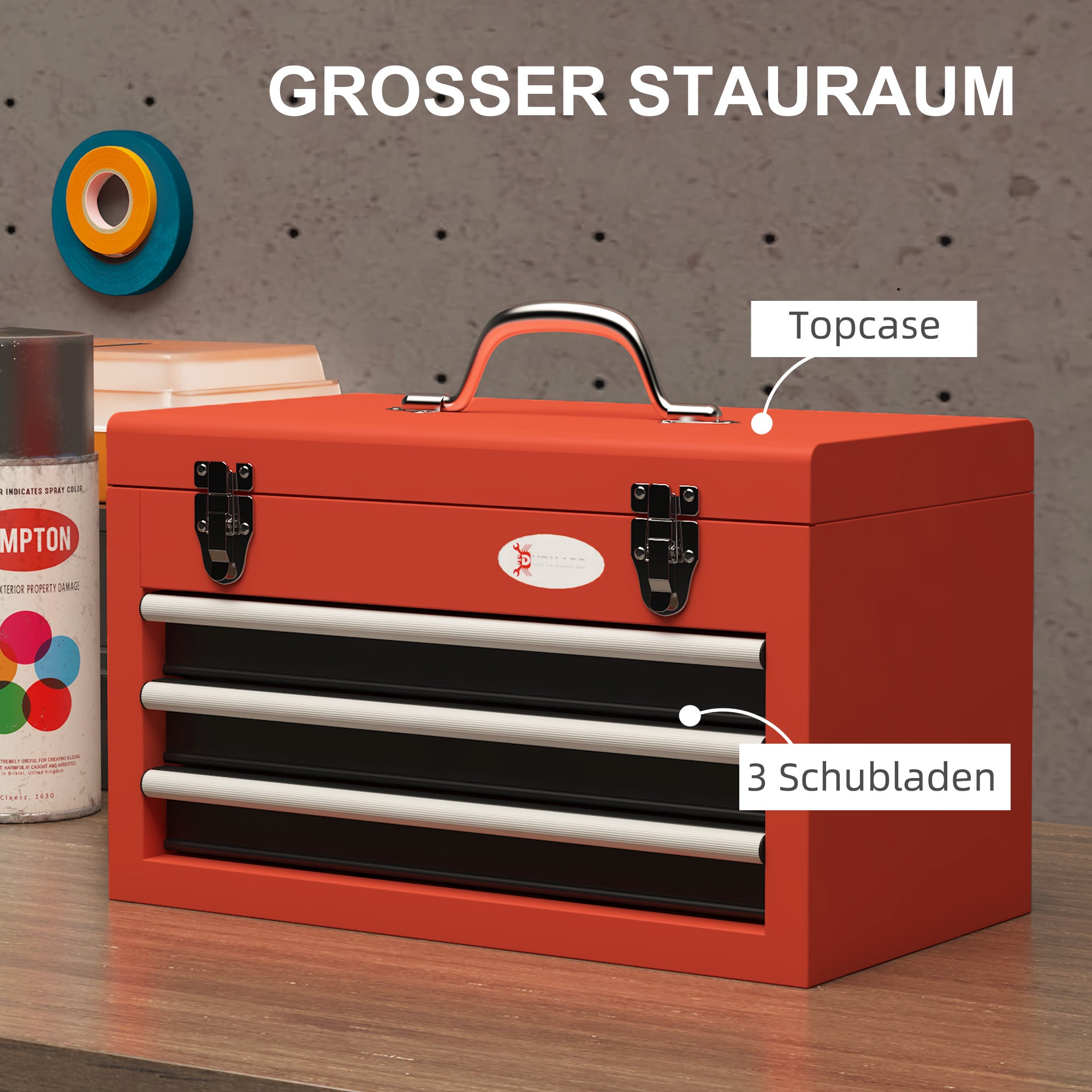 empty tool box, 45 x 24 x 27 cm tool chest with 3 drawers, upper storage compartment, handle, tool box with 2 locks, steel, red