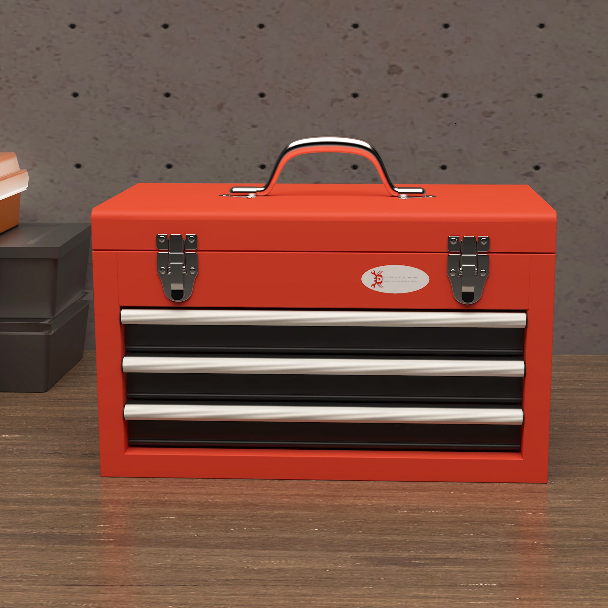 empty tool box, 45 x 24 x 27 cm tool chest with 3 drawers, upper storage compartment, handle, tool box with 2 locks, steel, red