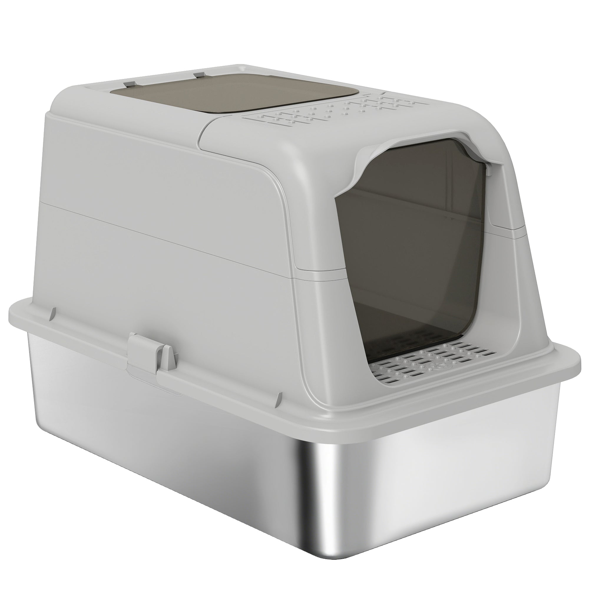 Covered Cat Litter Box with Stainless Steel Tray — Anti-Tracking, Leak-Resistant, Easy-Clean; For Large Cats up to 8 kg (17.6 lb), 60.4 x 40.4 x 41.8 cm (23.8 x 15.9 x 16.5 in), Light Gray & Black