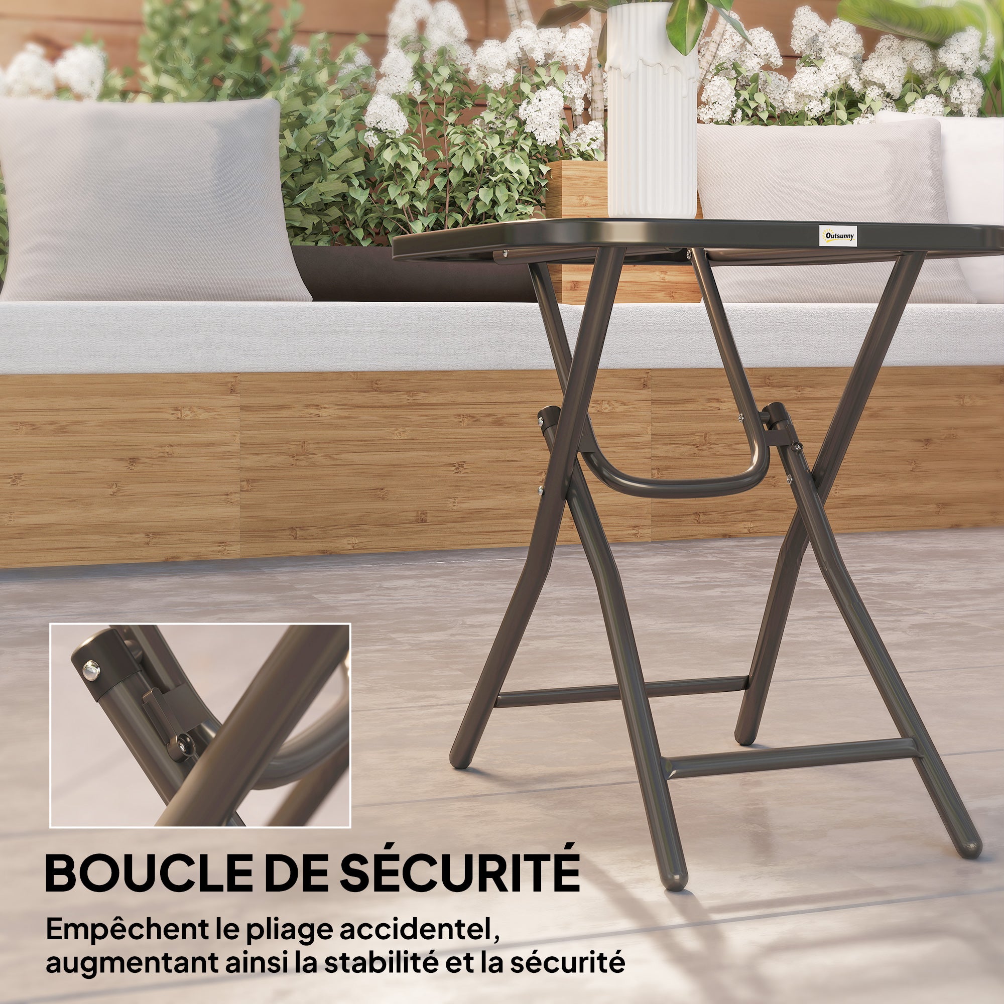 Square Bistro Garden Coffee Table 45 x 45 x 50 cm Black Metal Folding Tempered Glass Top