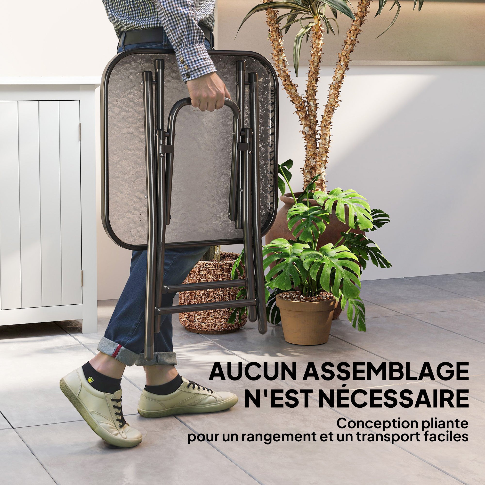 Square Bistro Garden Coffee Table 45 x 45 x 50 cm Black Metal Folding Tempered Glass Top