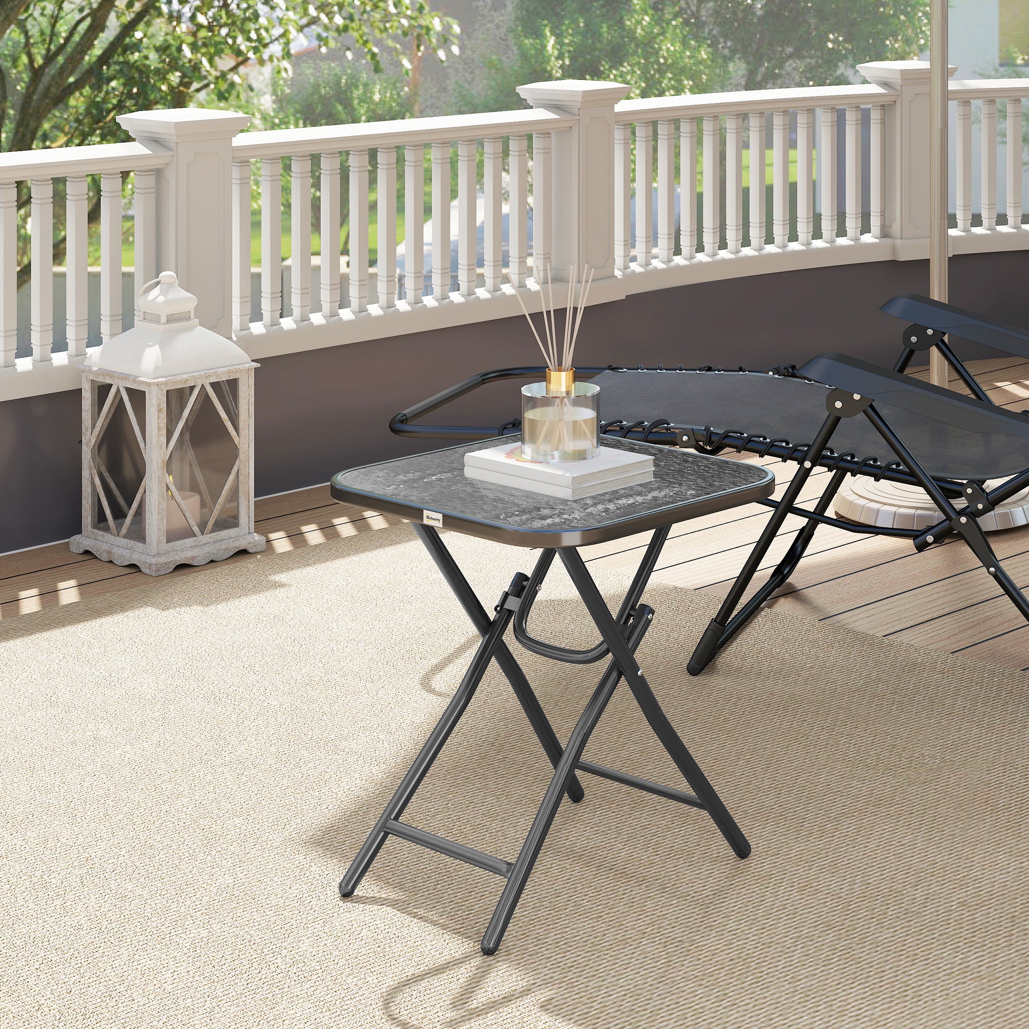 Square Bistro Garden Coffee Table 45 x 45 x 50 cm Black Metal Folding Tempered Glass Top