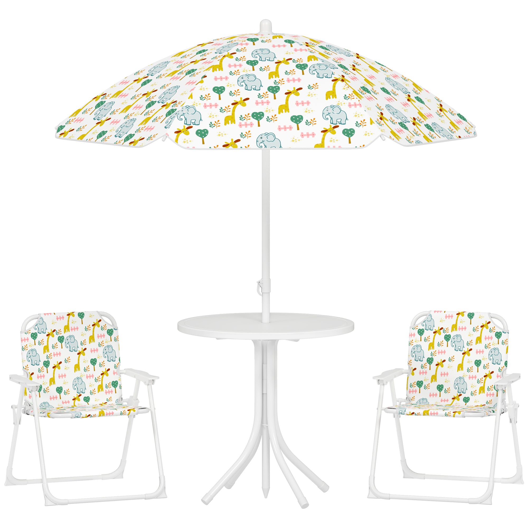 Kids Seating Group with Adjustable Umbrella Kids Table with 2 Folding Chairs Outdoor Garden Furniture for Garden Beach, White