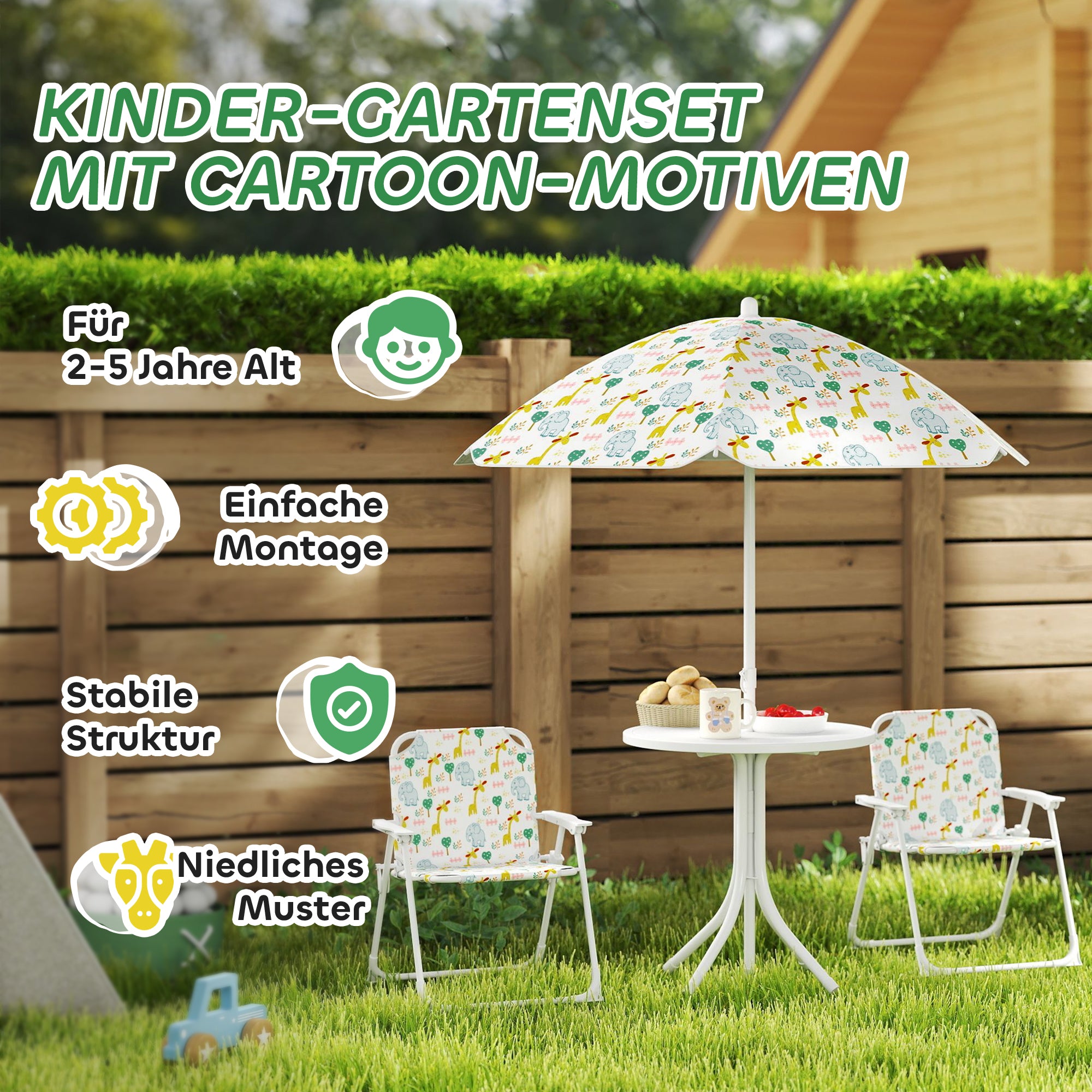 Kids Seating Group with Adjustable Umbrella Kids Table with 2 Folding Chairs Outdoor Garden Furniture for Garden Beach, White