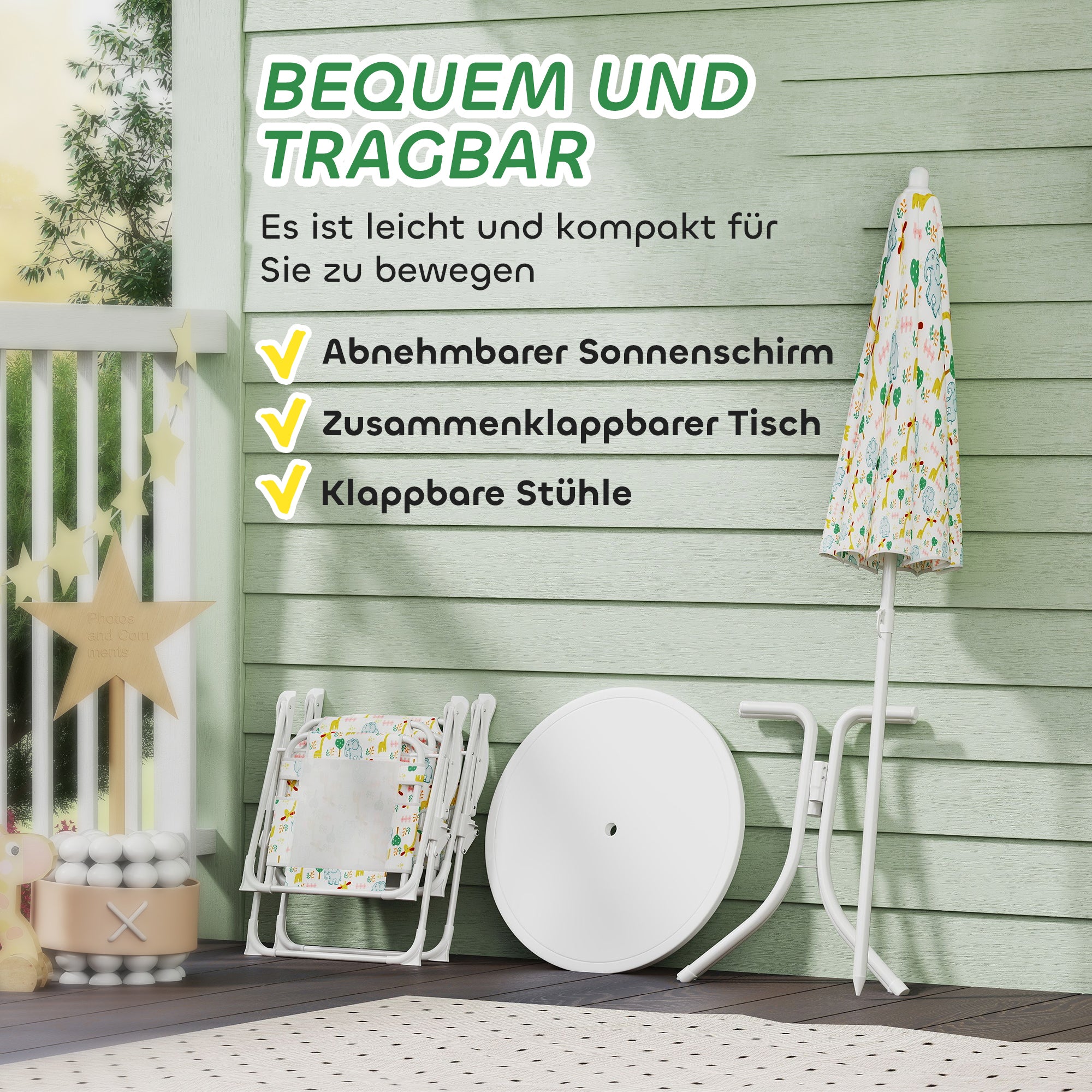 Kids Seating Group with Adjustable Umbrella Kids Table with 2 Folding Chairs Outdoor Garden Furniture for Garden Beach, White