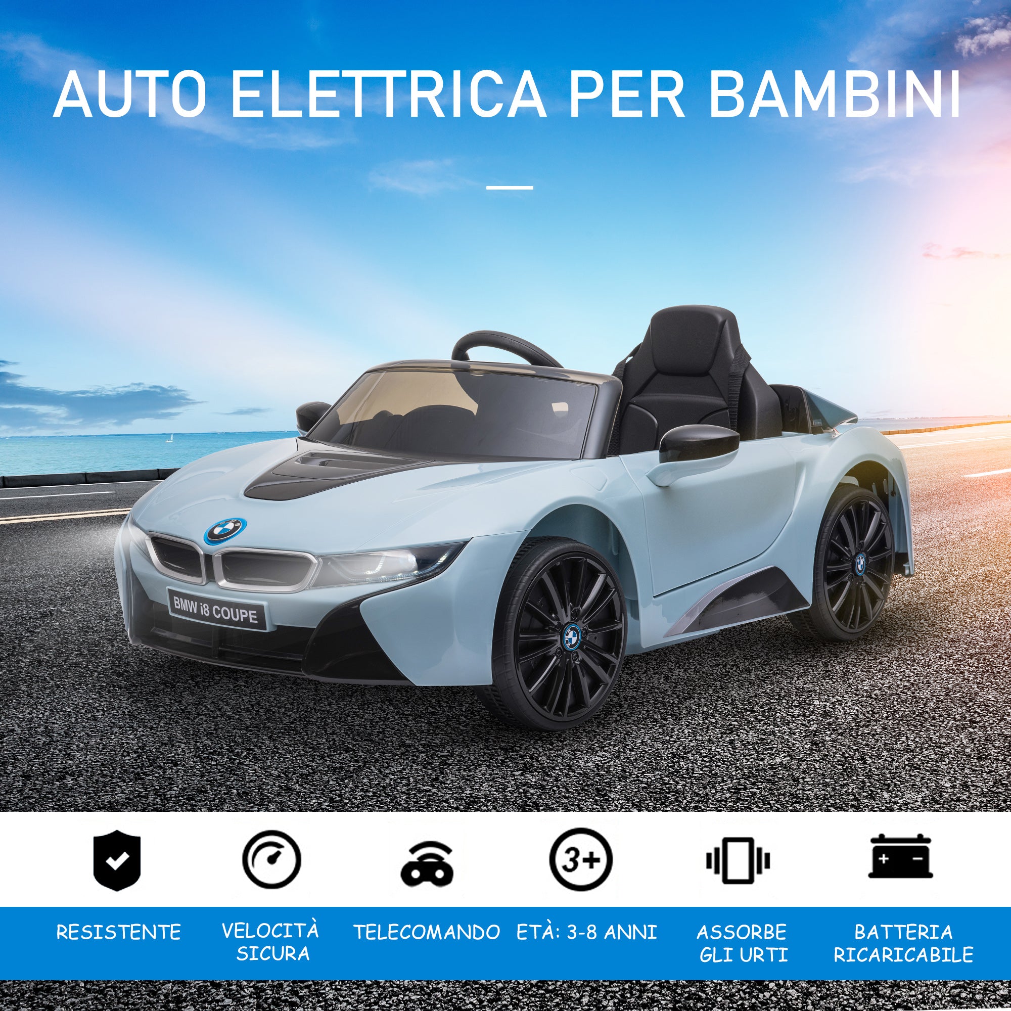 Electric Car for Kids 3-8 years 6V BMW I8 Coupe License with Remote Control, 2 Doors, Lights and Music, Electric Car in PP and Metal, 115x72.5x46 cm, Blue