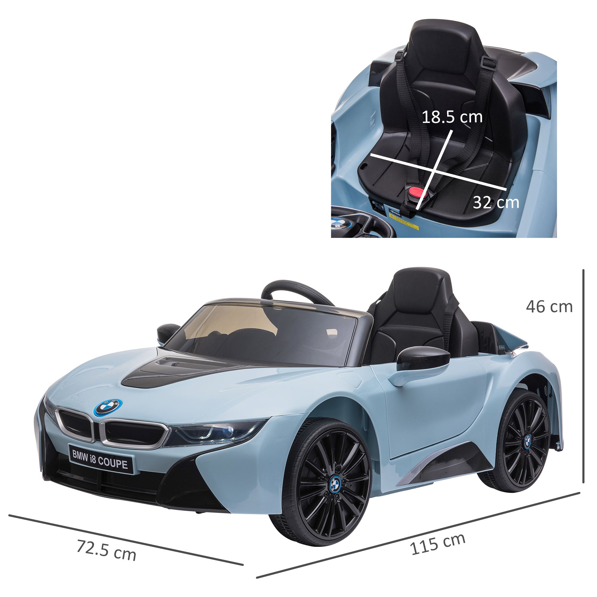 Electric Car for Kids 3-8 years 6V BMW I8 Coupe License with Remote Control, 2 Doors, Lights and Music, Electric Car in PP and Metal, 115x72.5x46 cm, Blue