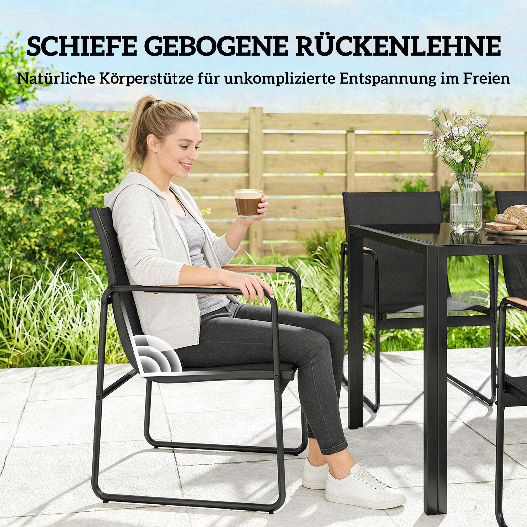 7-Piece Outdoor Dining Set — 59.1" x 31.5" Tempered Glass Table with 6 Breathable Mesh Chairs, Weather-Resistant, Black