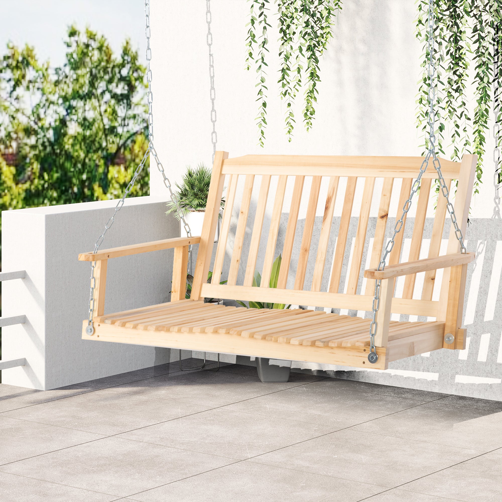 Garden Swing for 2 Persons Swing Bench Hanging Bench Solid Wood Patio Terrace Backyard Natural 117 x 69 x 60 cm