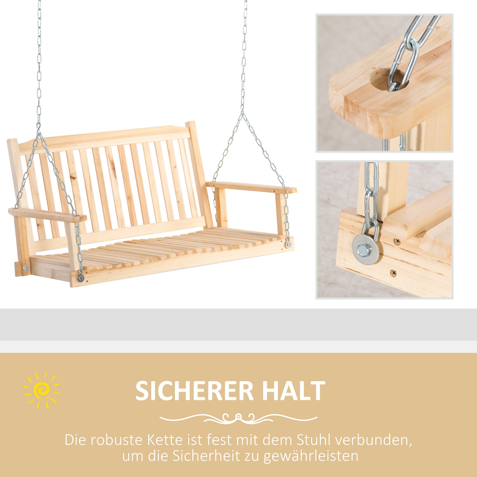 Garden Swing for 2 Persons Swing Bench Hanging Bench Solid Wood Patio Terrace Backyard Natural 117 x 69 x 60 cm