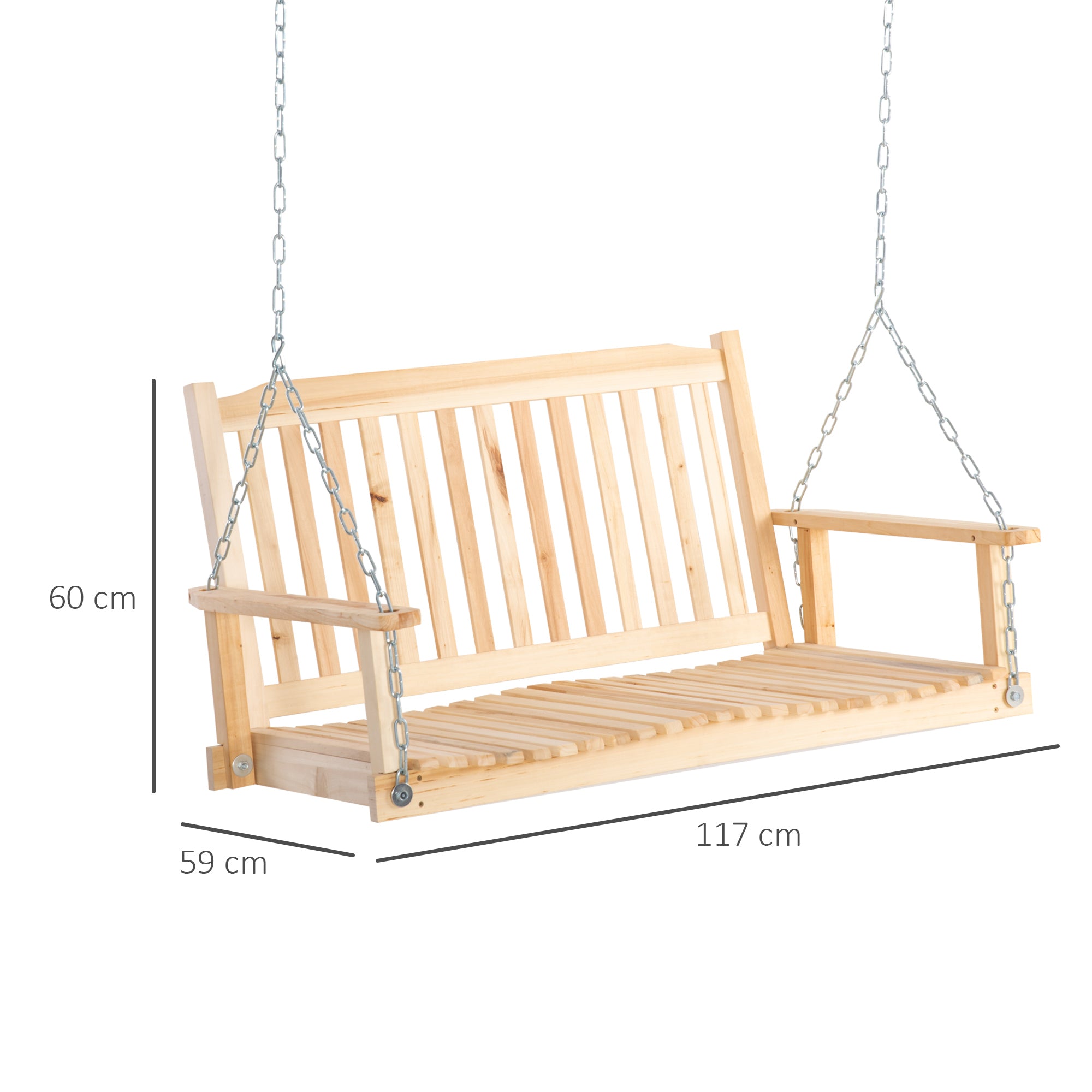 Garden Swing for 2 Persons Swing Bench Hanging Bench Solid Wood Patio Terrace Backyard Natural 117 x 69 x 60 cm