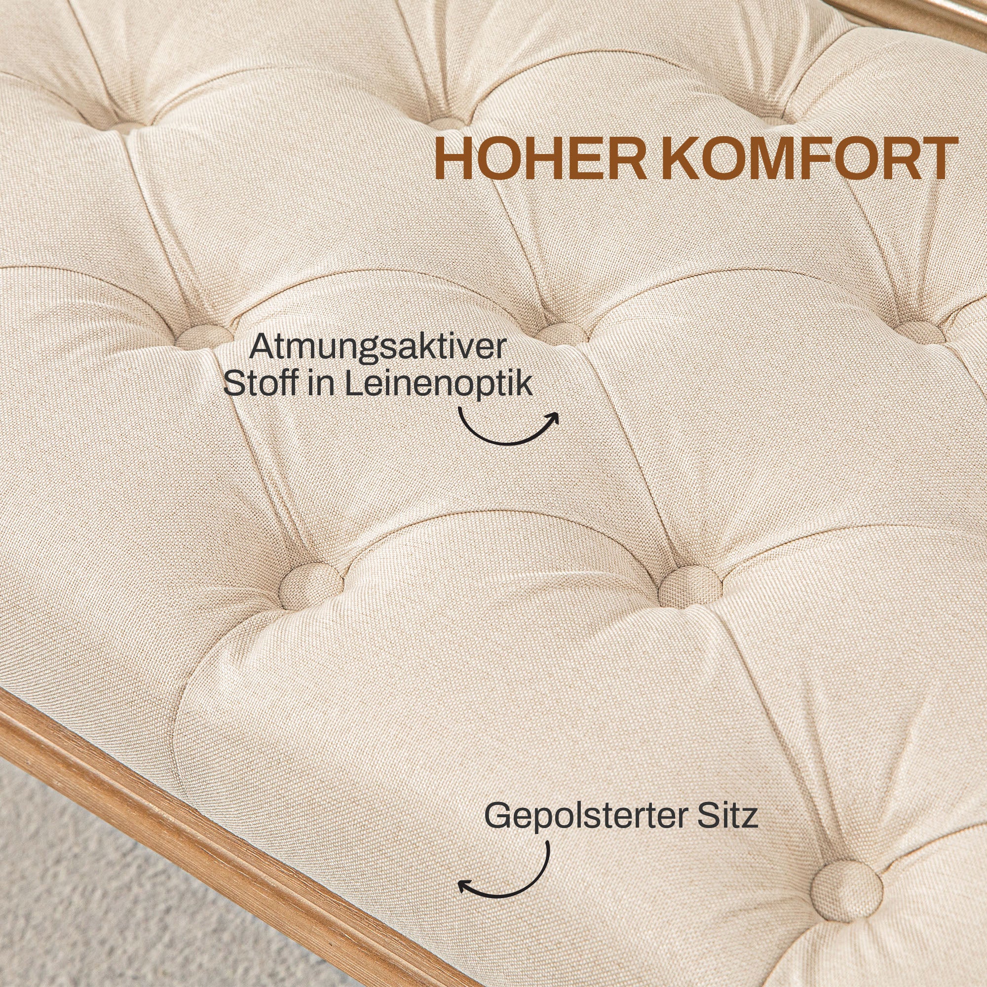 Bench, Upholstered Bench with Linen Look, Wooden Legs, Bed Bench for Bedroom, Living Room, Hallway, 120 x 41 x 48 cm, Cream