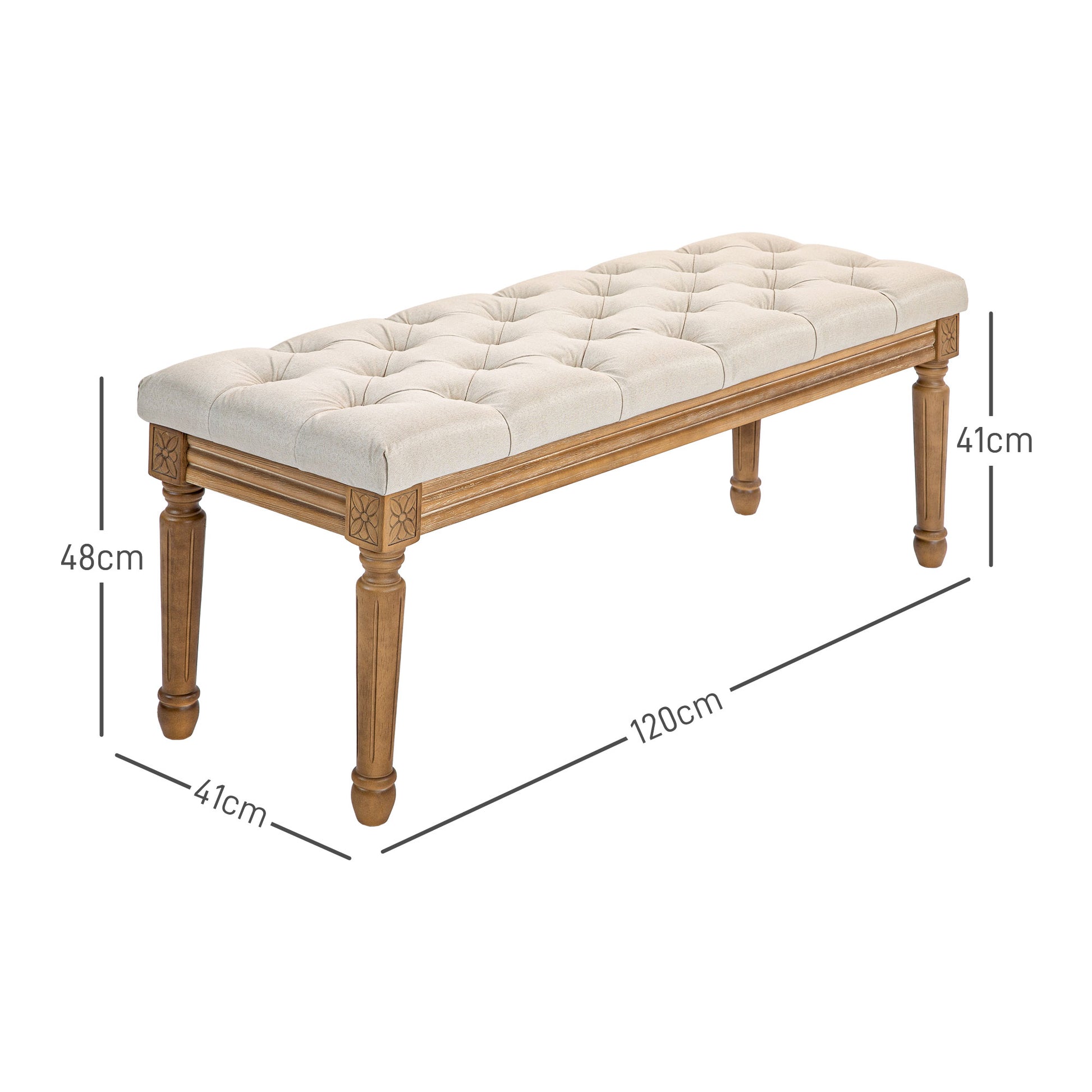 Bench, Upholstered Bench with Linen Look, Wooden Legs, Bed Bench for Bedroom, Living Room, Hallway, 120 x 41 x 48 cm, Cream