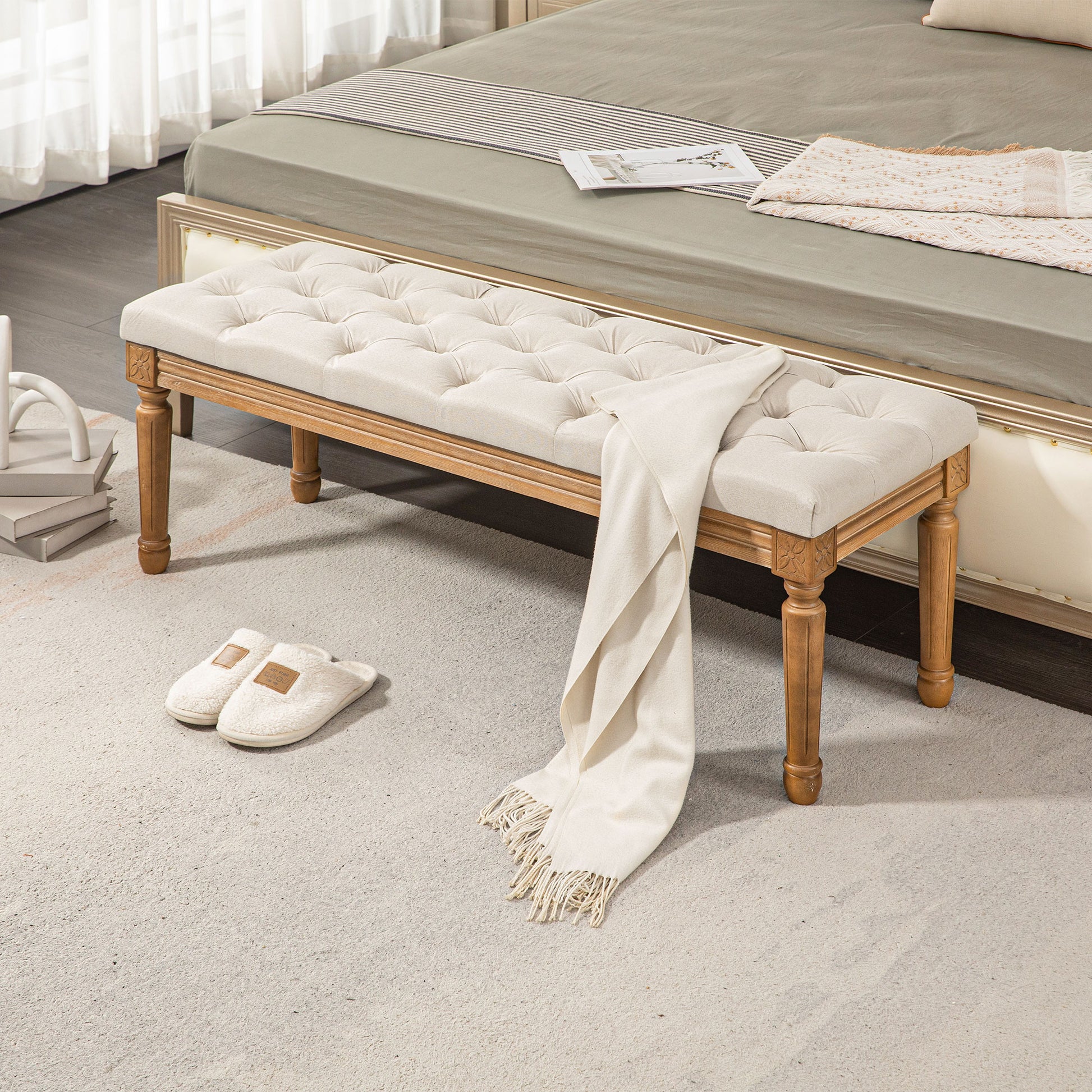Bench, Upholstered Bench with Linen Look, Wooden Legs, Bed Bench for Bedroom, Living Room, Hallway, 120 x 41 x 48 cm, Cream