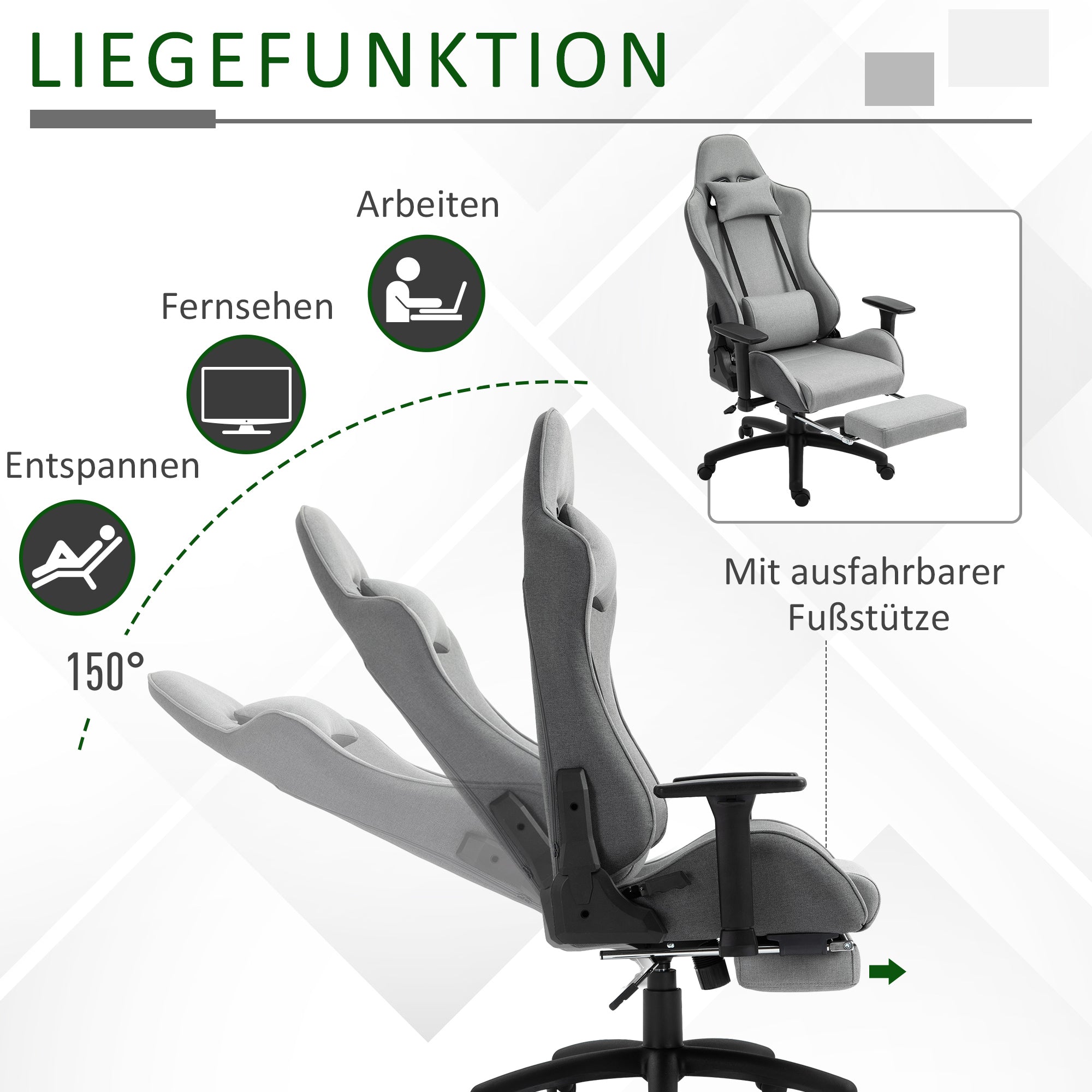 Office Chair Computer Chair Swivel Chair with Removable Headrest and Lumbar Pillow Rocking Function Ergonomic Desk Chair Rotatable Height Adjustable with Footrest PP Gray 73x57x127-135 cm