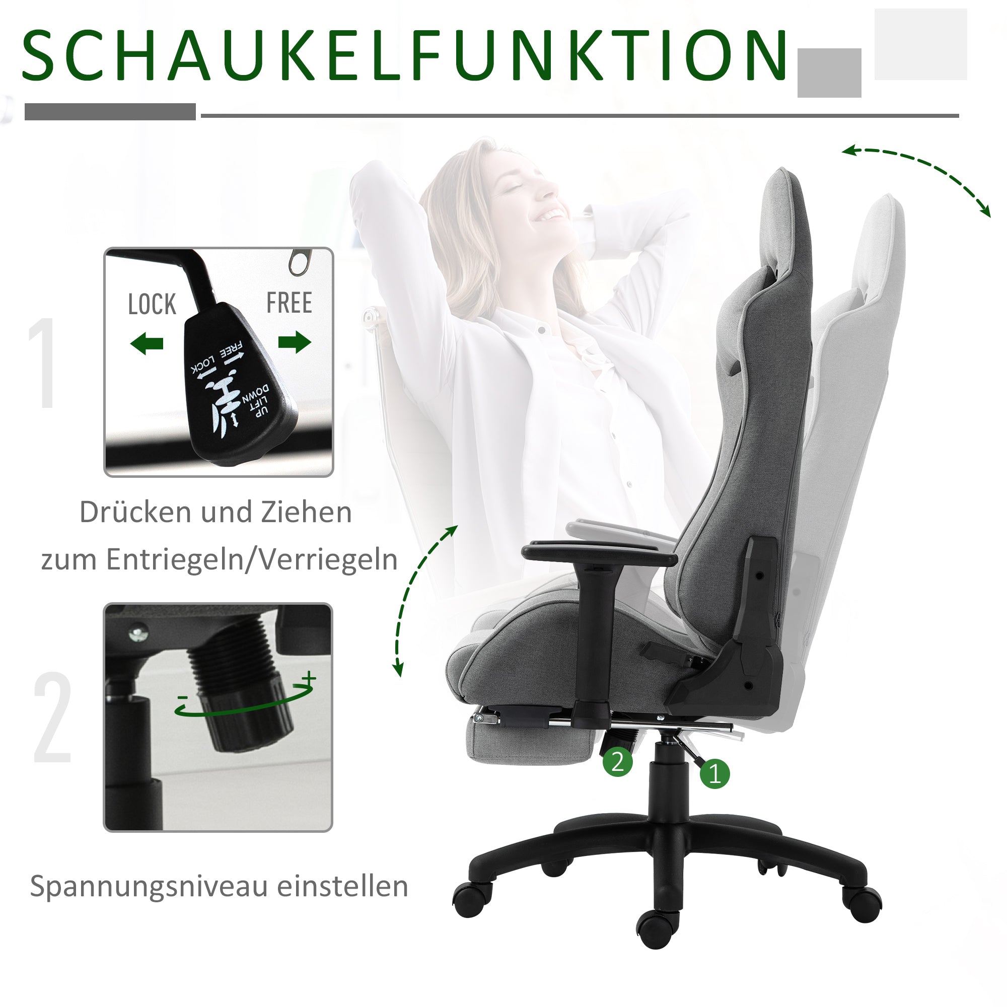 Office Chair Computer Chair Swivel Chair with Removable Headrest and Lumbar Pillow Rocking Function Ergonomic Desk Chair Rotatable Height Adjustable with Footrest PP Gray 73x57x127-135 cm