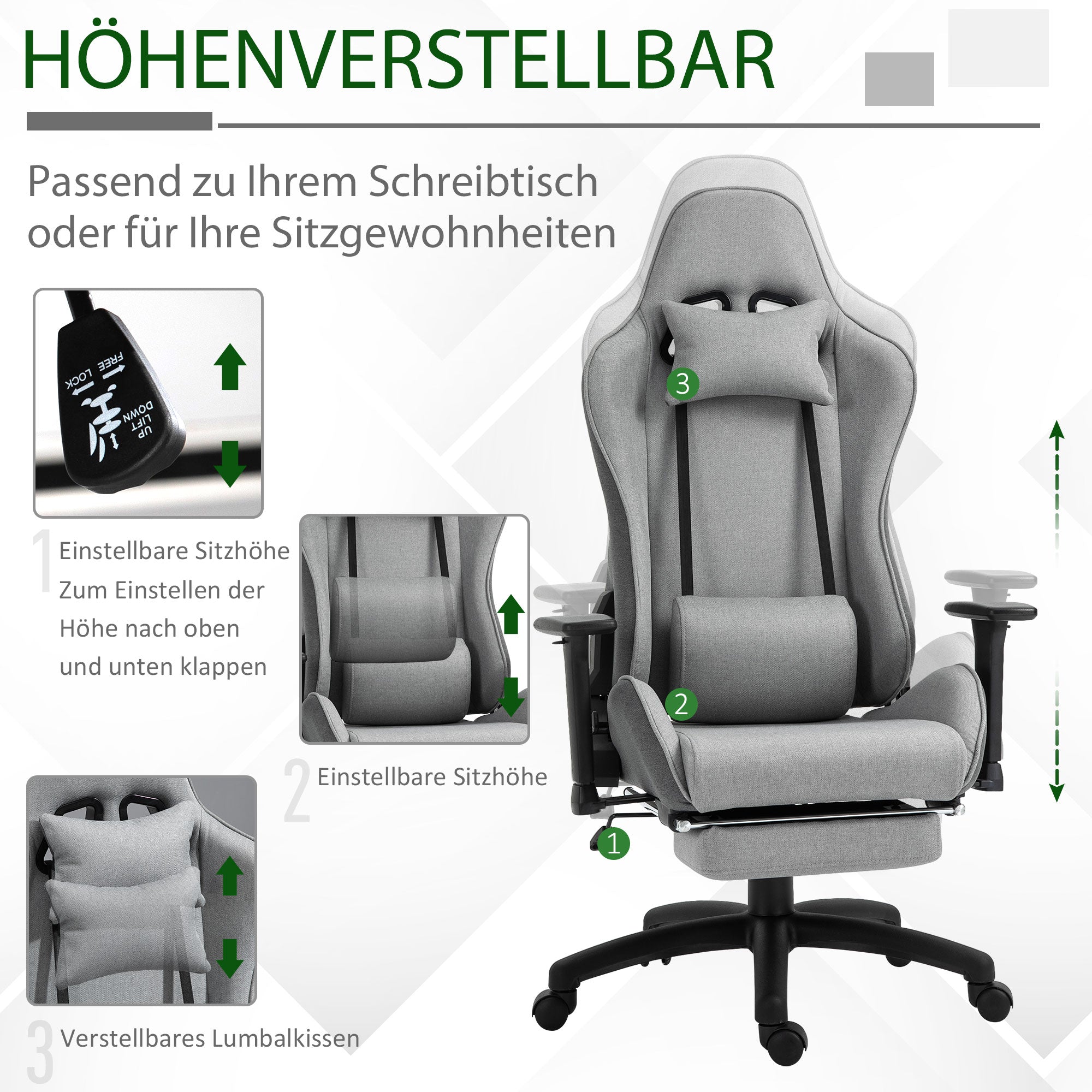 Office Chair Computer Chair Swivel Chair with Removable Headrest and Lumbar Pillow Rocking Function Ergonomic Desk Chair Rotatable Height Adjustable with Footrest PP Gray 73x57x127-135 cm