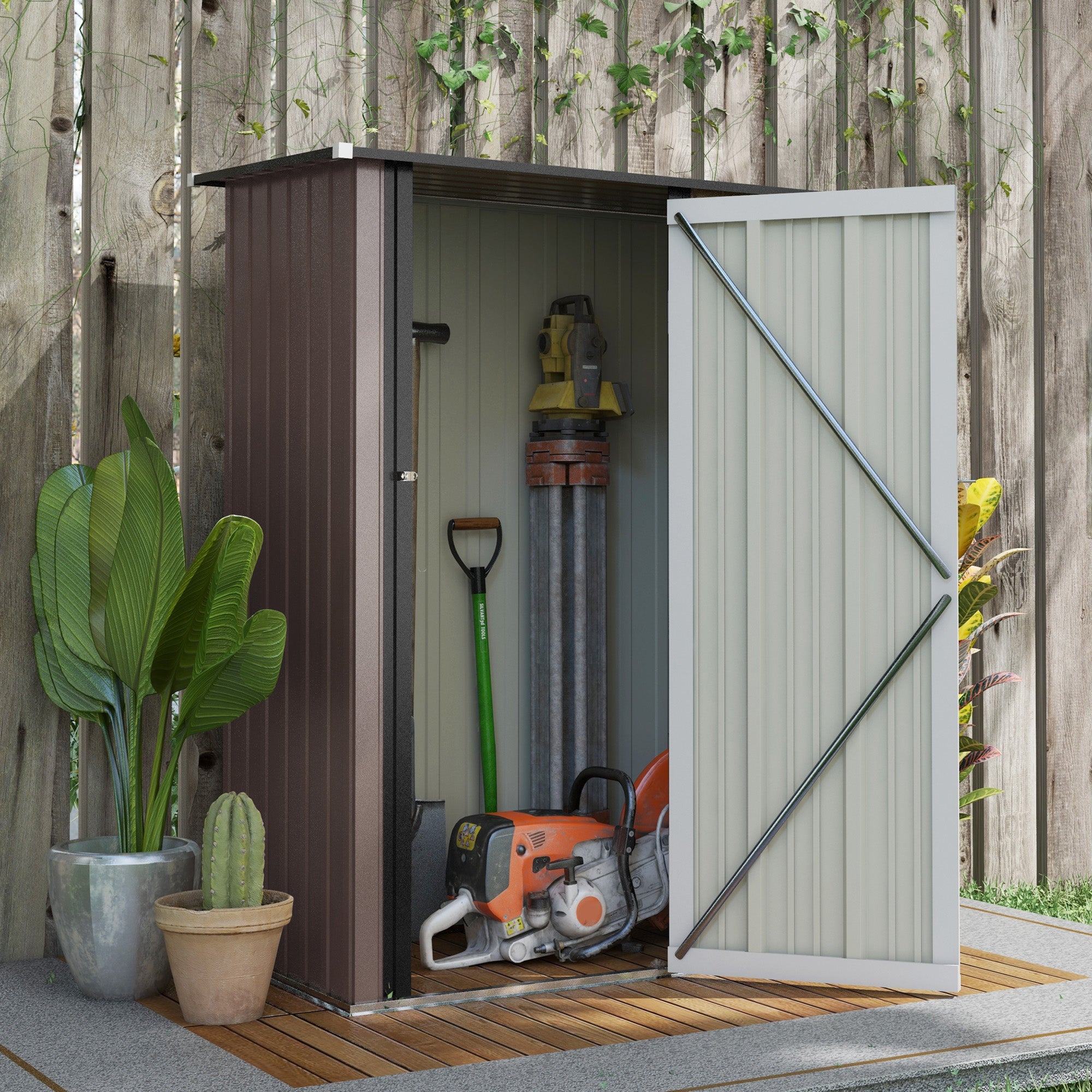 Garden Shed 1.07 m² 142x84x189 cm Metal Exterior Shed with Lockable Door and Drainage Holes for Tool Storage Brown