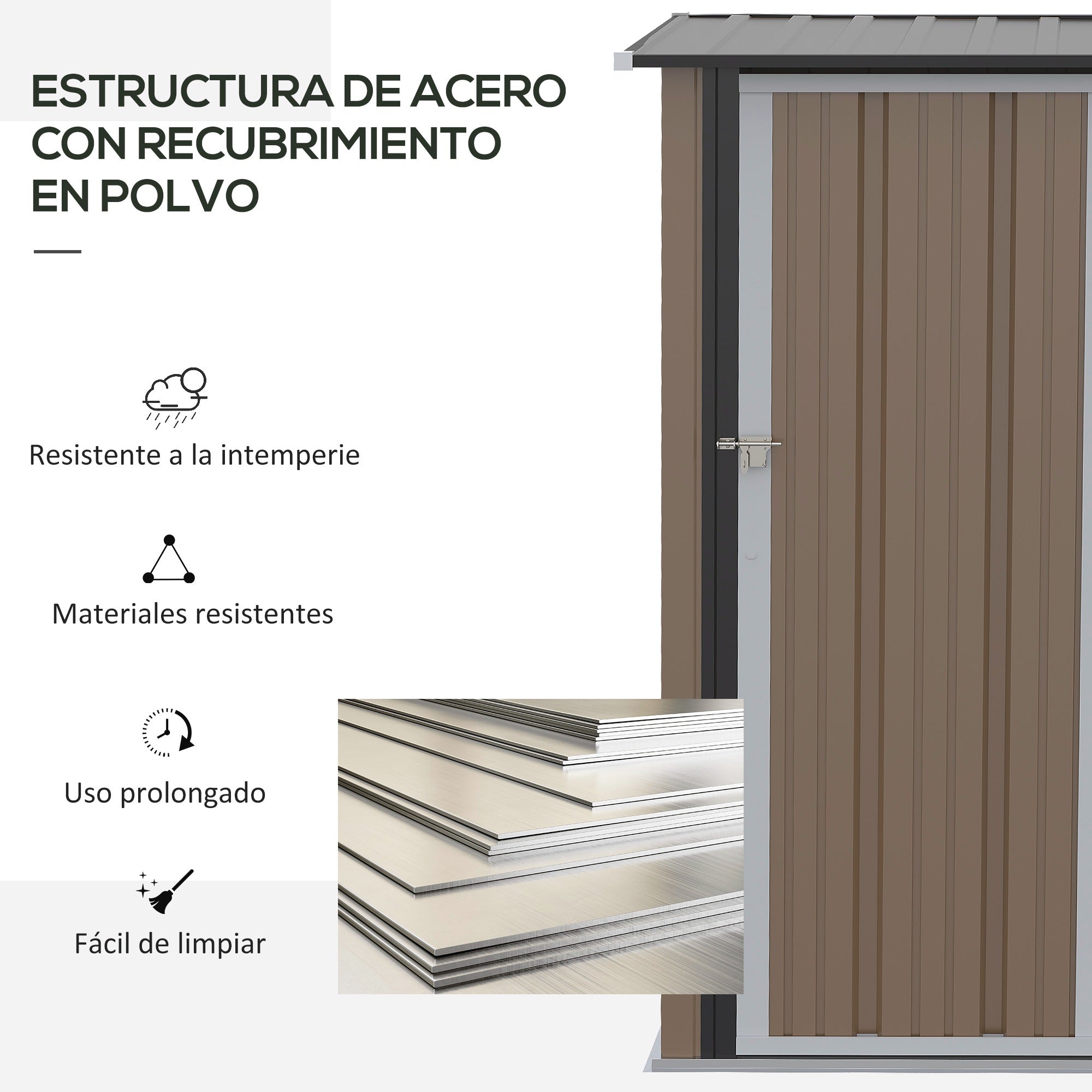 Garden Shed 1.07 m² 142x84x189 cm Metal Exterior Shed with Lockable Door and Drainage Holes for Tool Storage Brown