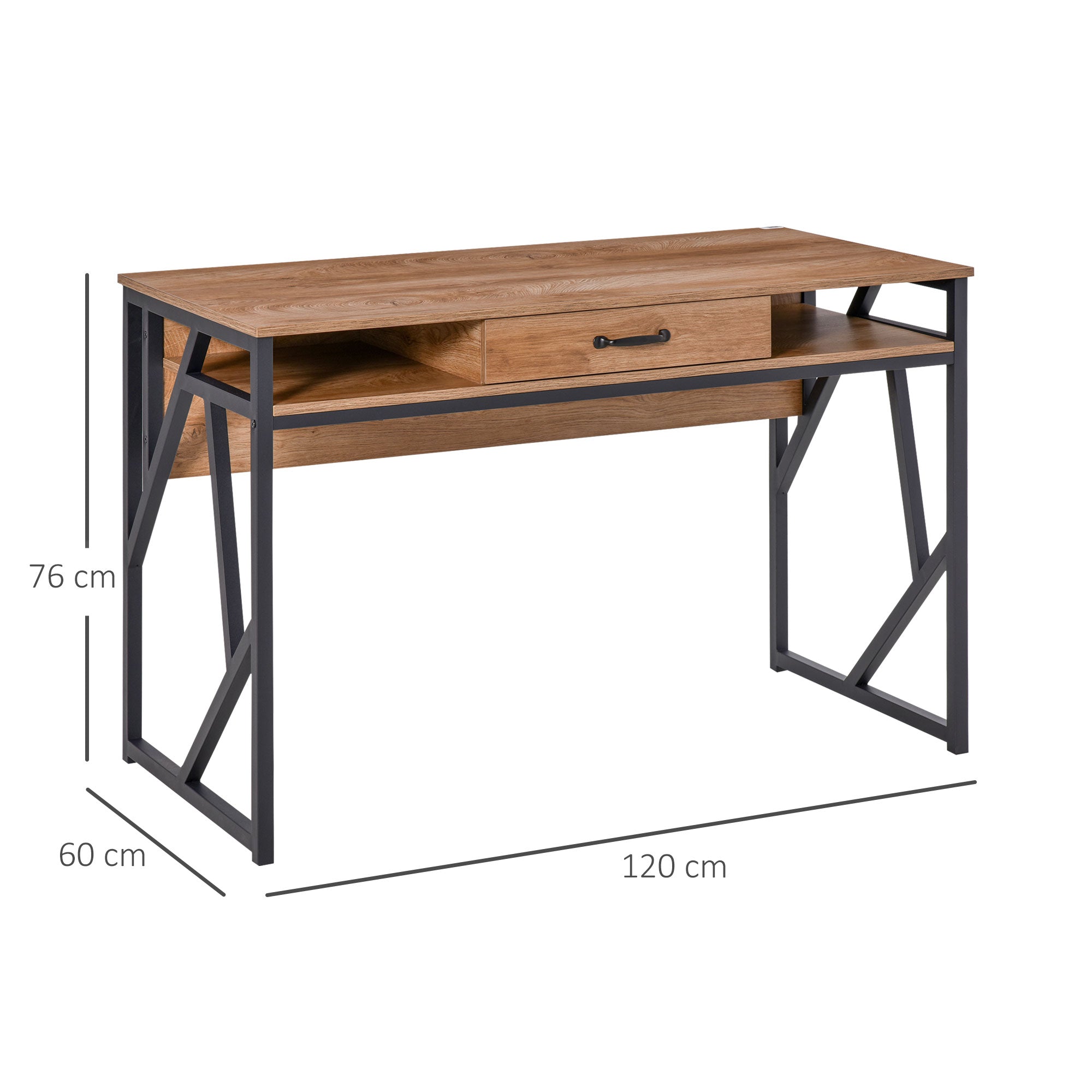 Industrial Style Desk 120L x 60W x 76H cm Drawer + 2 Shelves Black Metal Legs Walnut Wood Grain Top