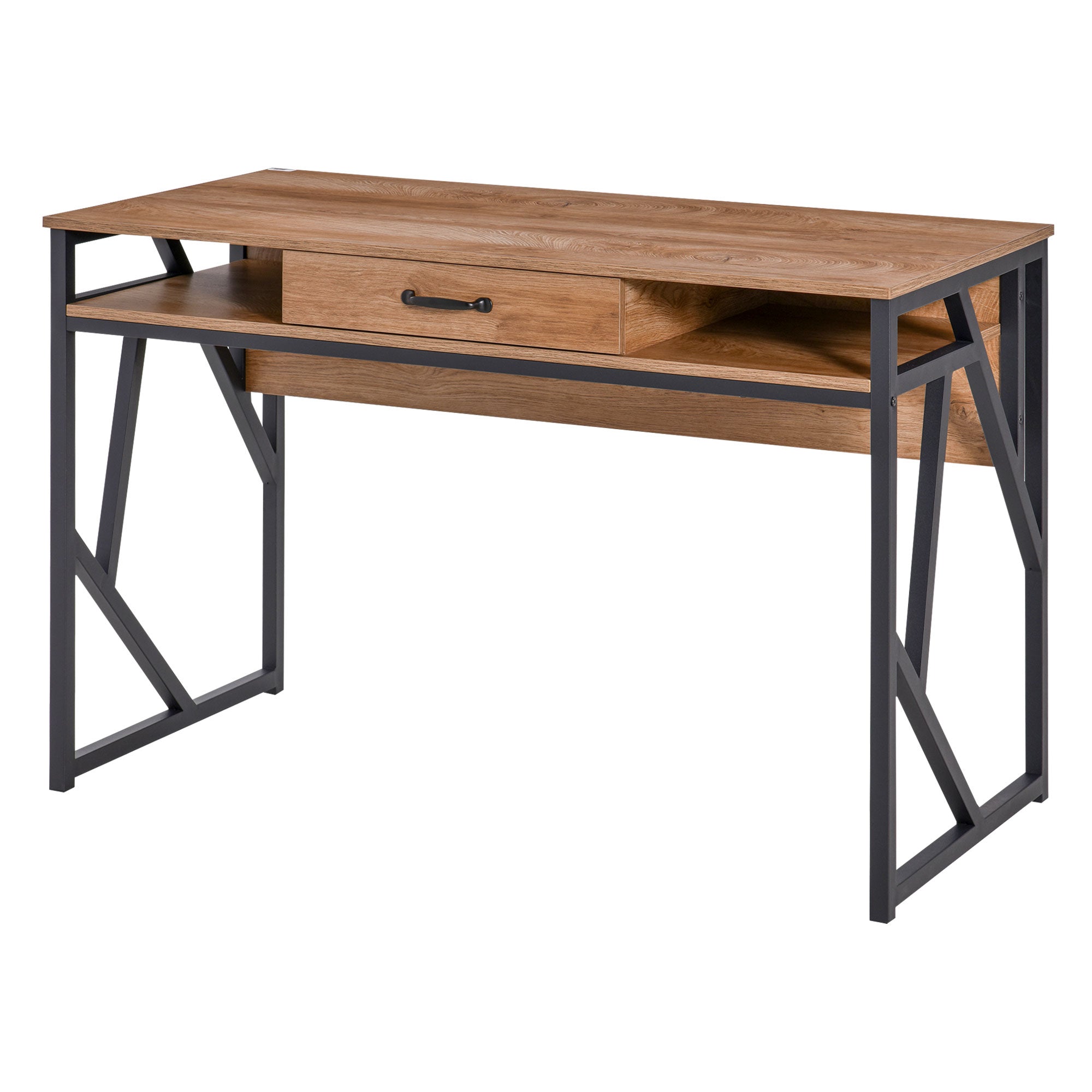 Industrial Style Desk 120L x 60W x 76H cm Drawer + 2 Shelves Black Metal Legs Walnut Wood Grain Top