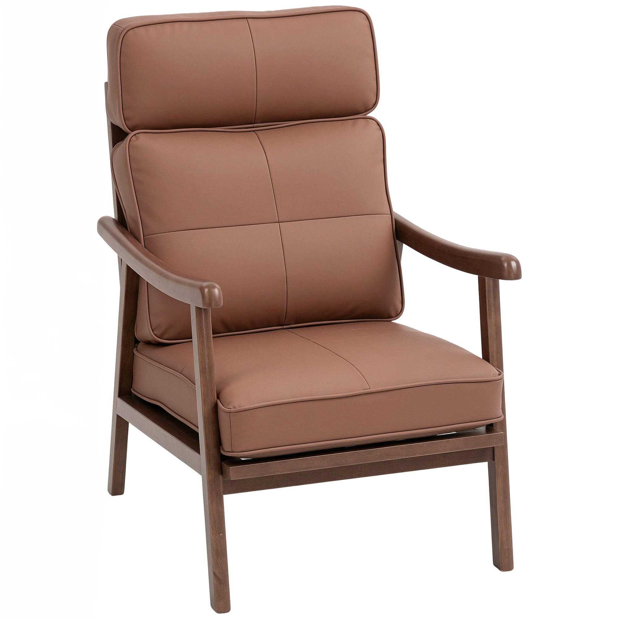 Living Room Armchair Upholstered in PU with Wooden Frame Thick Padded Cushions High Backrest Load 150 kg Reading Armchair for Living Room Bedroom Brown and Walnut Wood