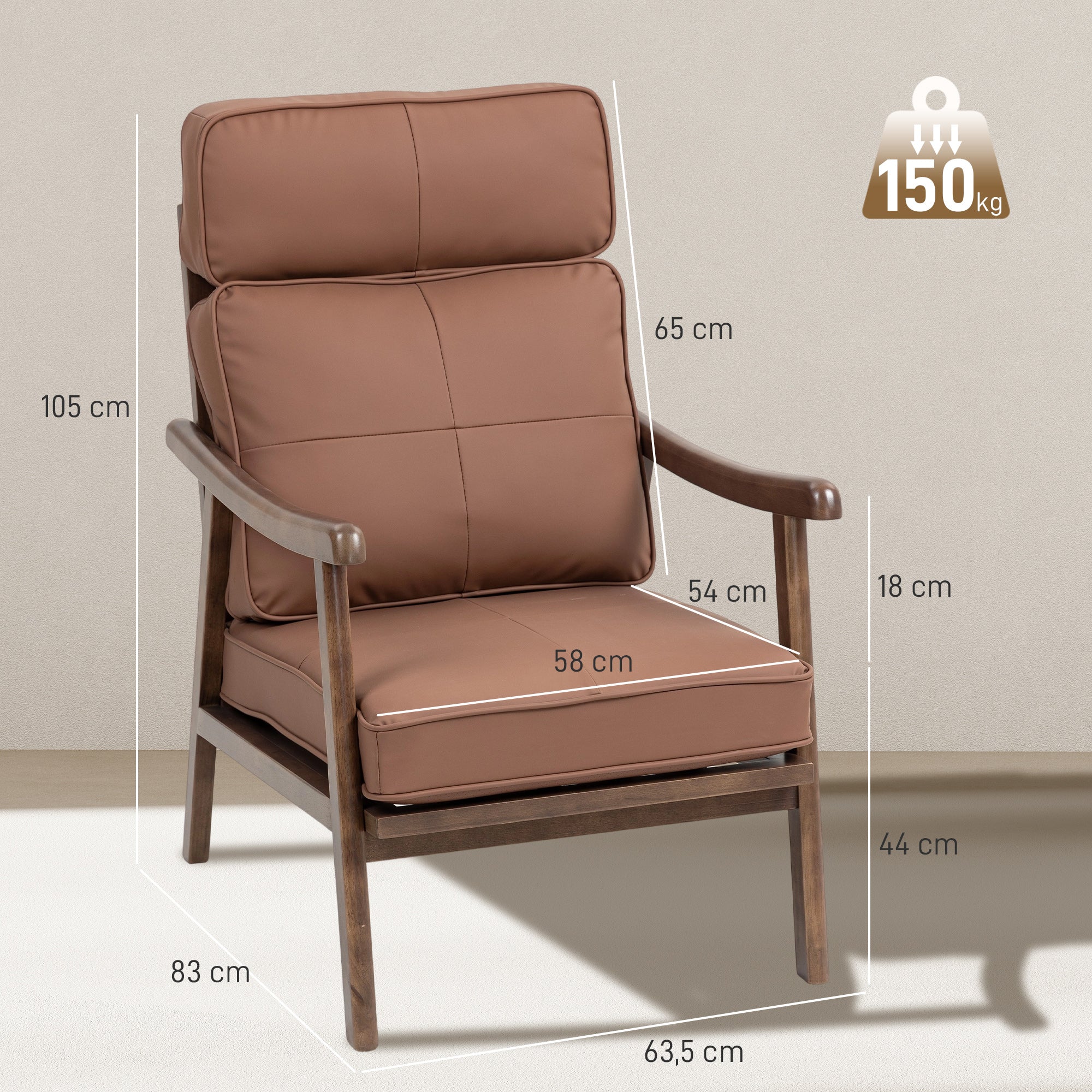 Living Room Armchair Upholstered in PU with Wooden Frame Thick Padded Cushions High Backrest Load 150 kg Reading Armchair for Living Room Bedroom Brown and Walnut Wood