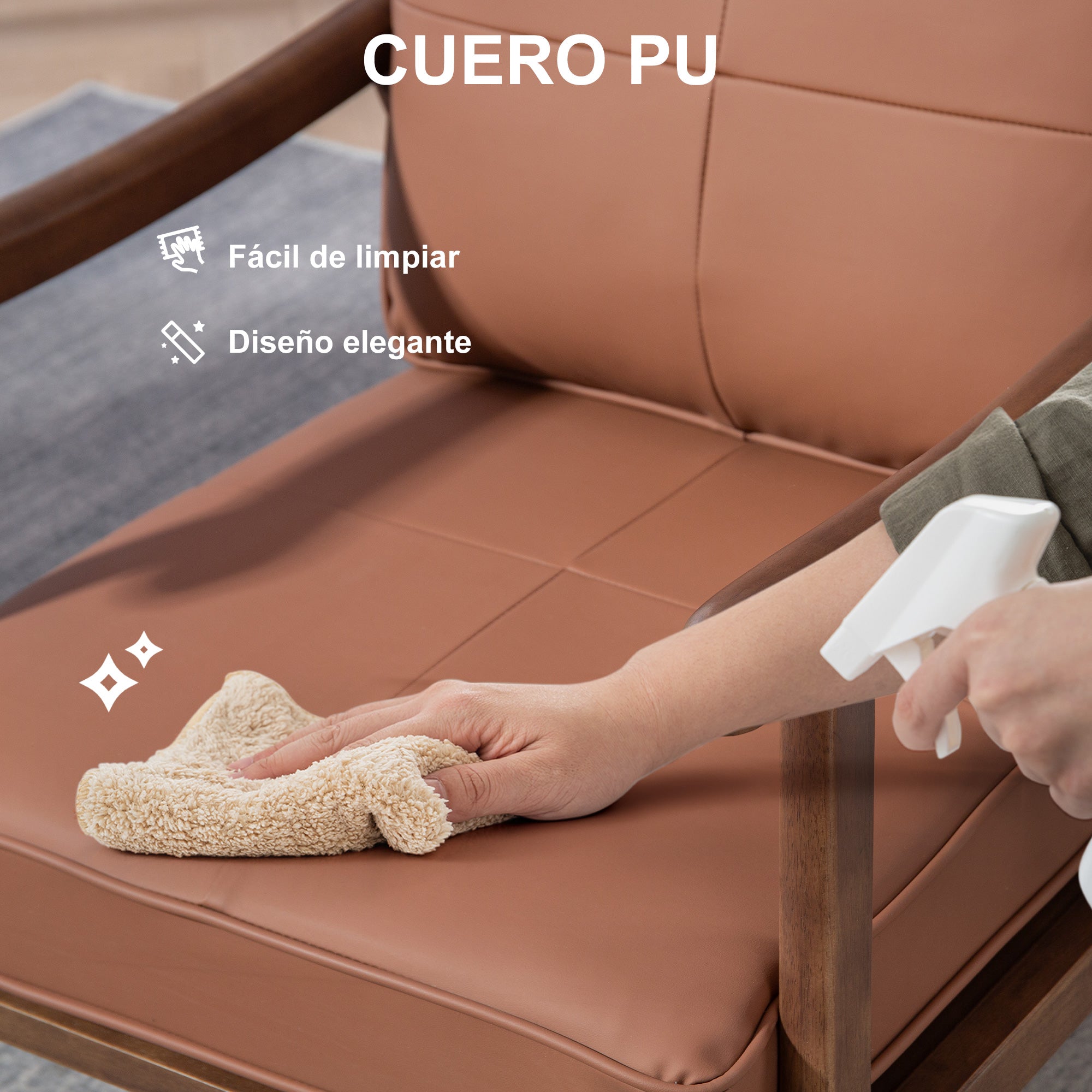 Living Room Armchair Upholstered in PU with Wooden Frame Thick Padded Cushions High Backrest Load 150 kg Reading Armchair for Living Room Bedroom Brown and Walnut Wood