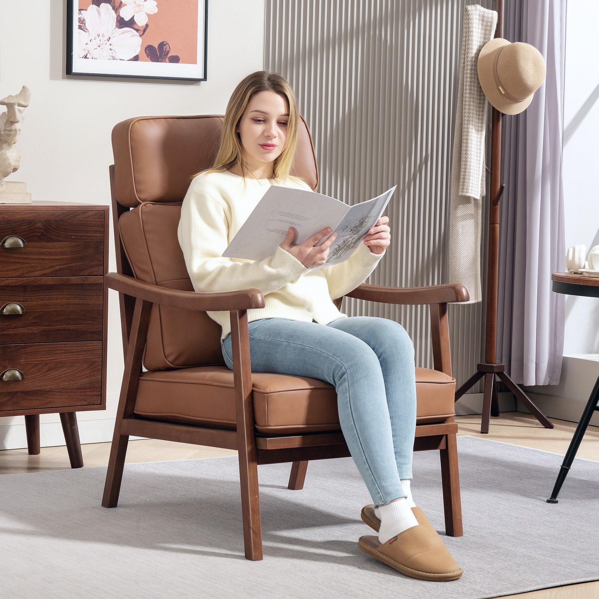 Living Room Armchair Upholstered in PU with Wooden Frame Thick Padded Cushions High Backrest Load 150 kg Reading Armchair for Living Room Bedroom Brown and Walnut Wood