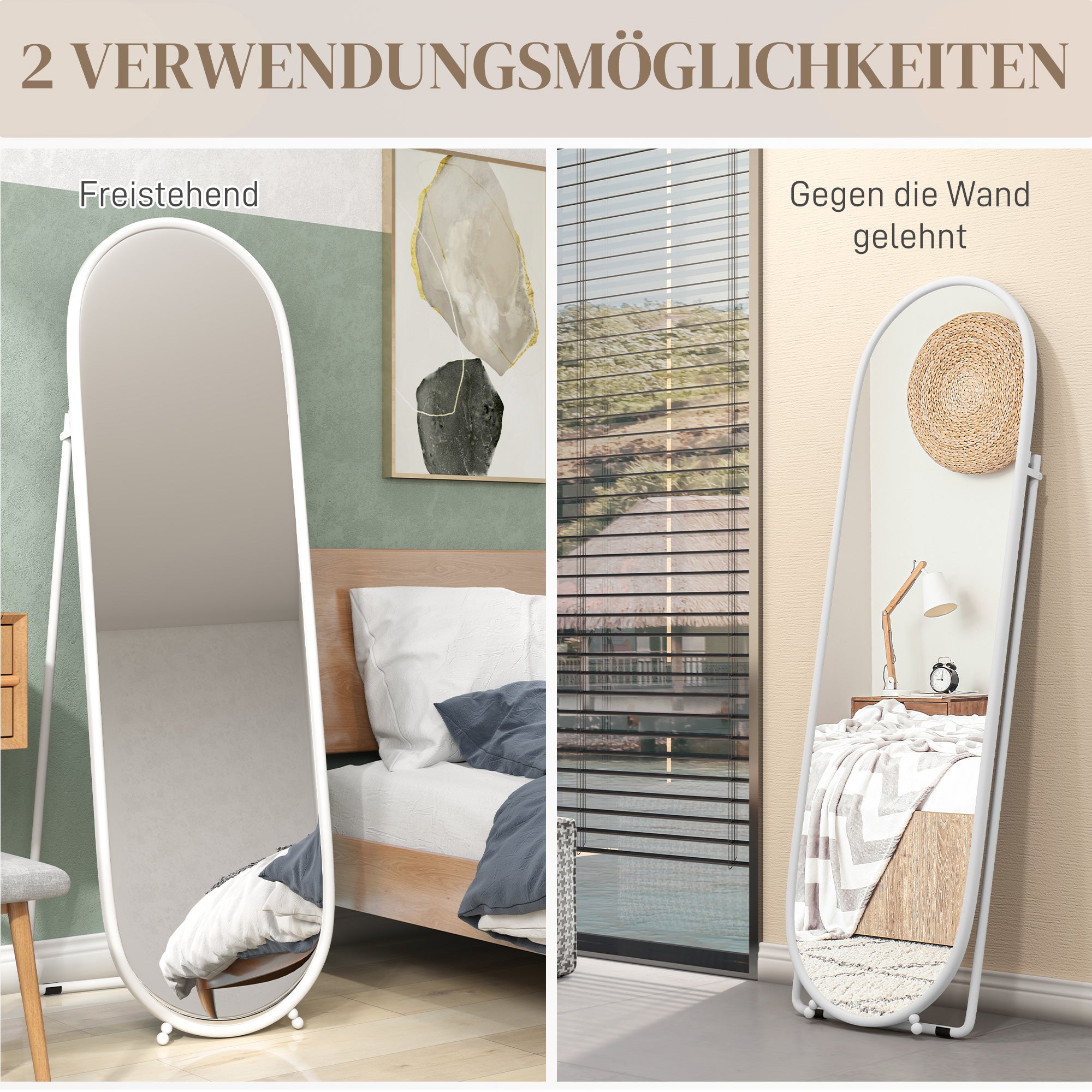 Full Body Mirror, 160 x 40 cm Wall Mirror with Stand, Metal Frame, Oval Floor Mirror for Living Room, Bedroom, White