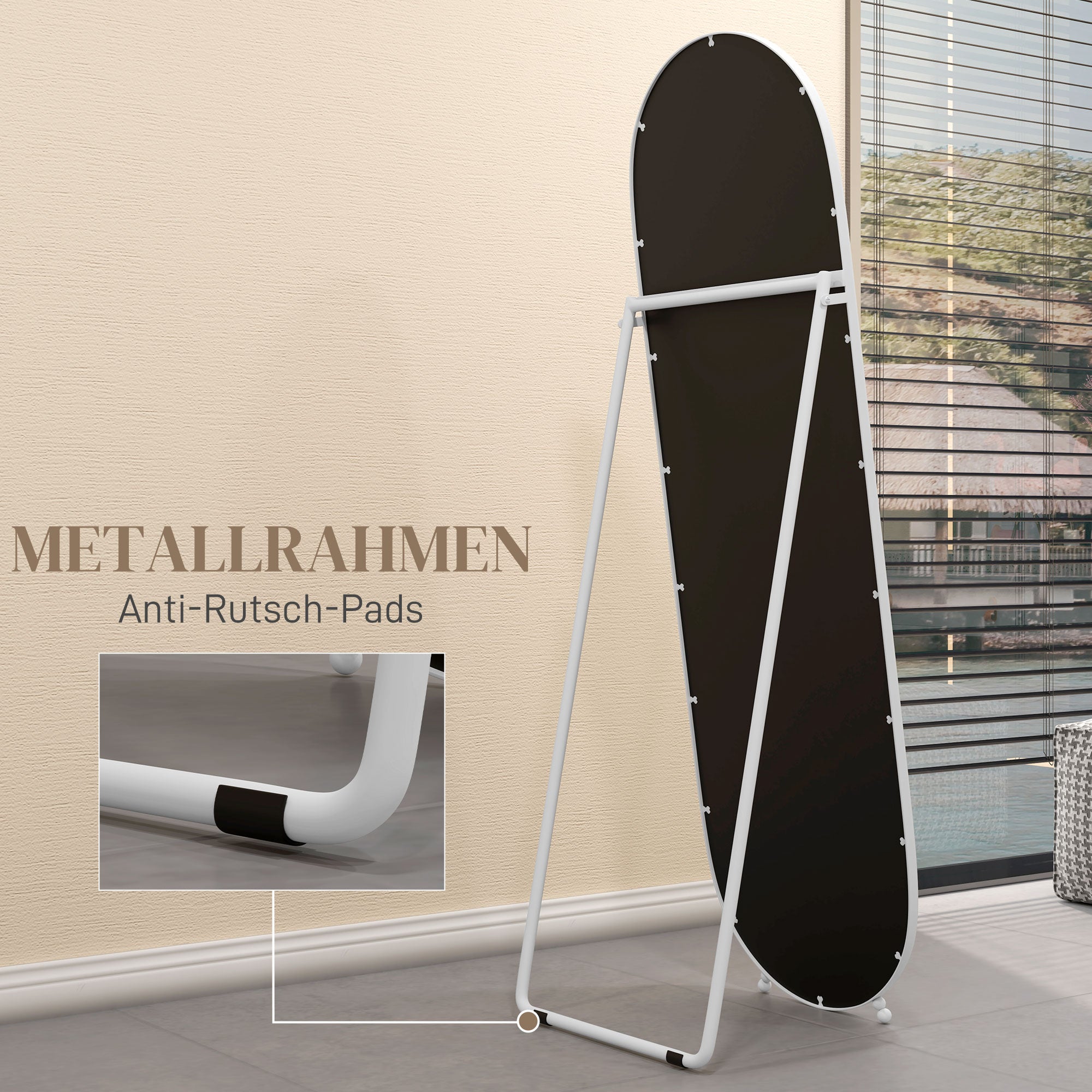 Full Body Mirror, 160 x 40 cm Wall Mirror with Stand, Metal Frame, Oval Floor Mirror for Living Room, Bedroom, White