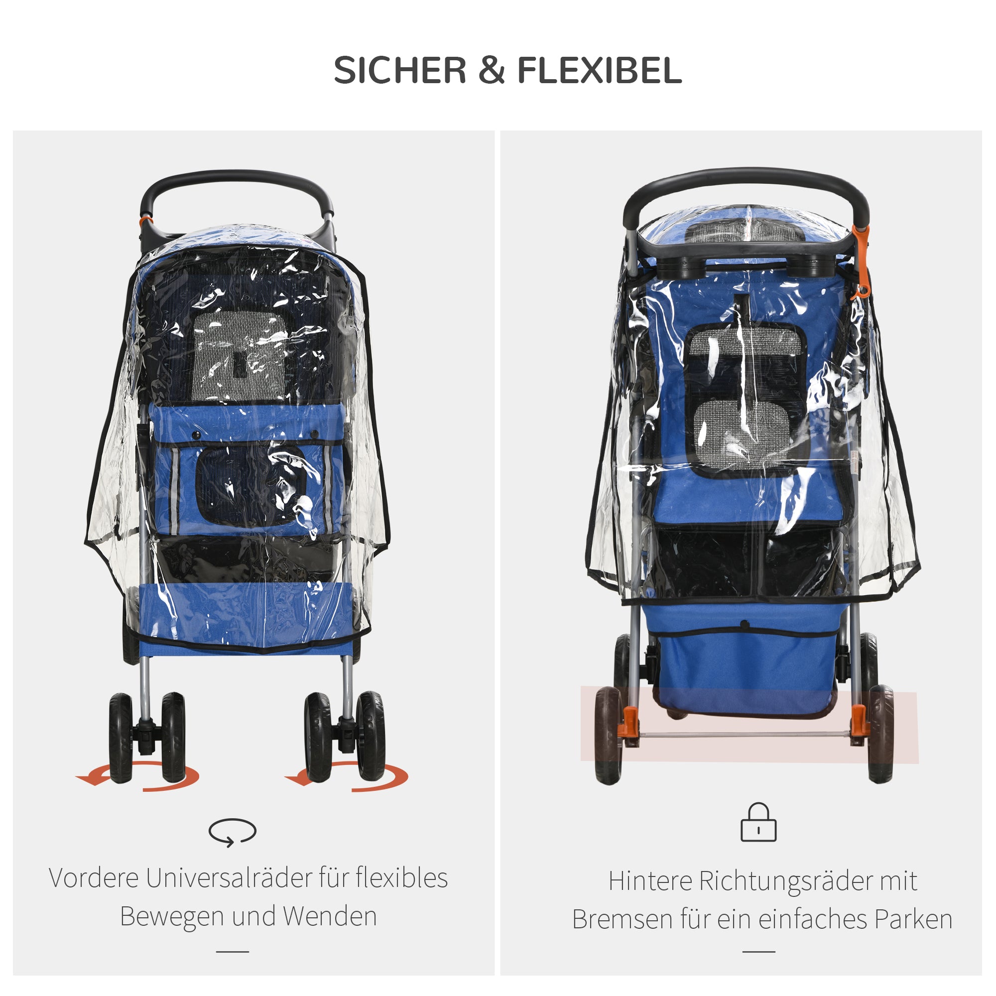 Dog Buggy, Dog Cart with Rain Cover, Foldable Dog Trolley up to 10 kg, Cat Buggy for Small Dogs with Cup Holder, Mesh Window, Cat Cart, Blue, 75 x 45 x 97 cm